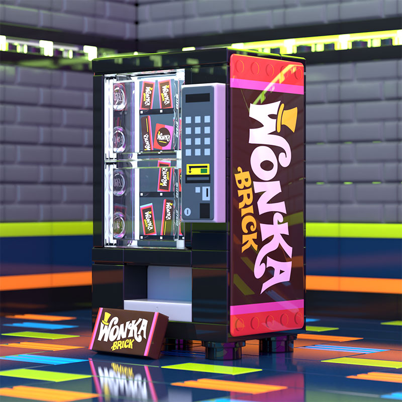 Distributeur automatique Wonka Bars fabriqué en LEGO