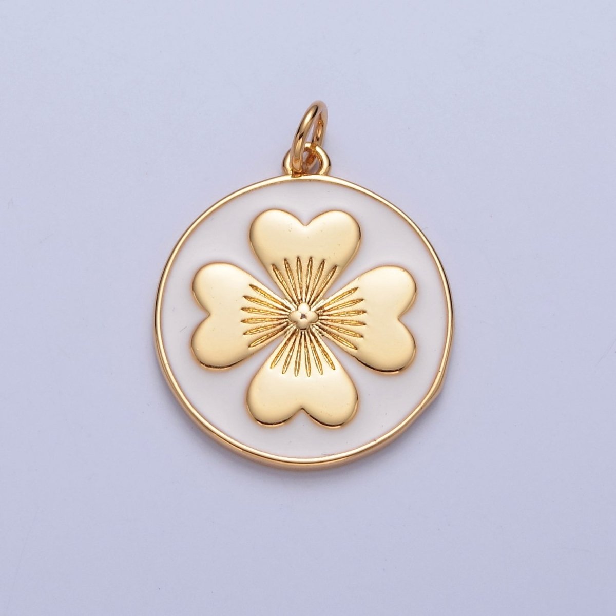 Cute Enamel Clover On Round Coin Shape Pendant, 24K Gold Filled Clover Charm, Necklace Bracelet Supply W-286