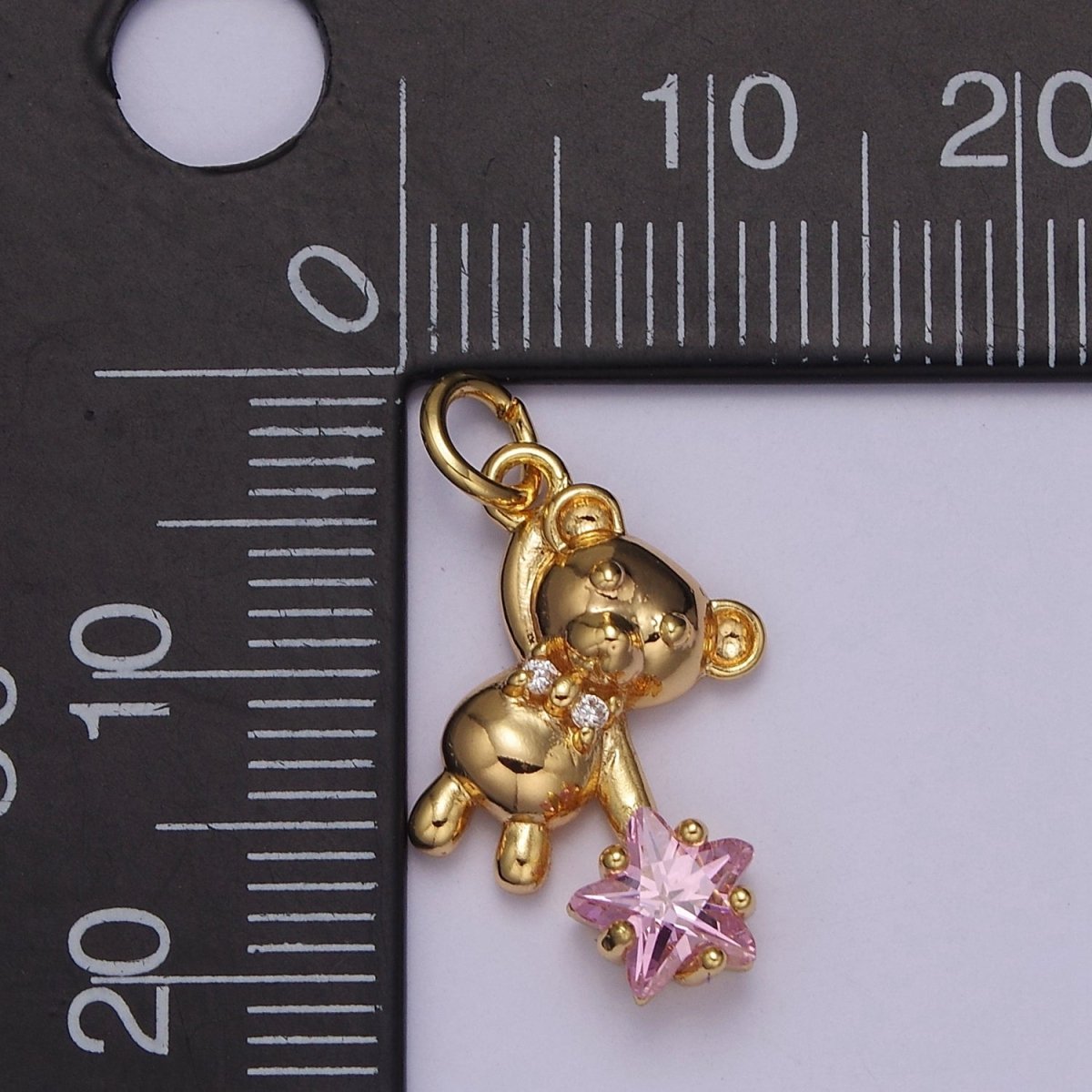 14K Gold Filled Pink, Clear CZ Star Teddy Bear Charm | C758 C874