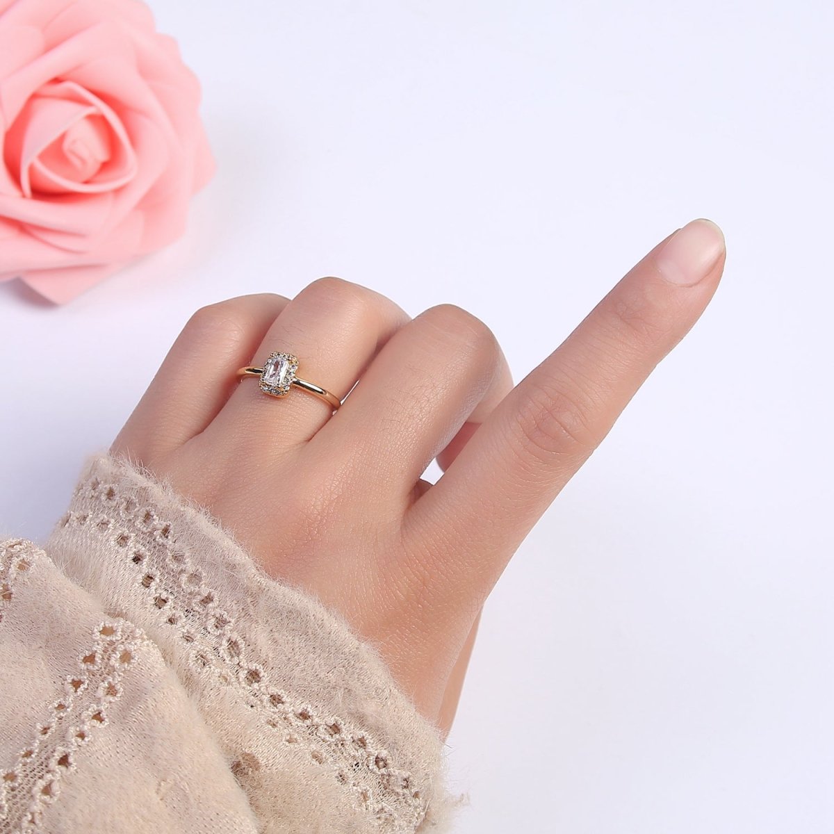 CZ Rectangle Ring Gold Ring Zircon Jewelry Rectangle Promise Ring Adjustable Ring Minimalist Jewelry U-498
