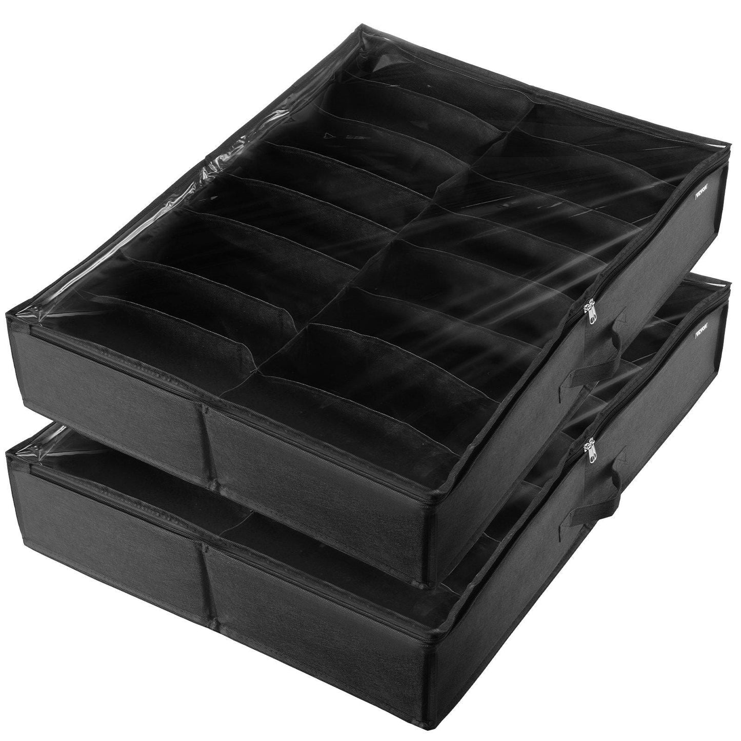Sturdy Under Bed Shoe Storage Organizer, Set of 2, 32 Compartments, Underbed Shoes Closet Storage Solution with Clear Window, Breathable, L31.5"x W23.6"x H5.9", Black