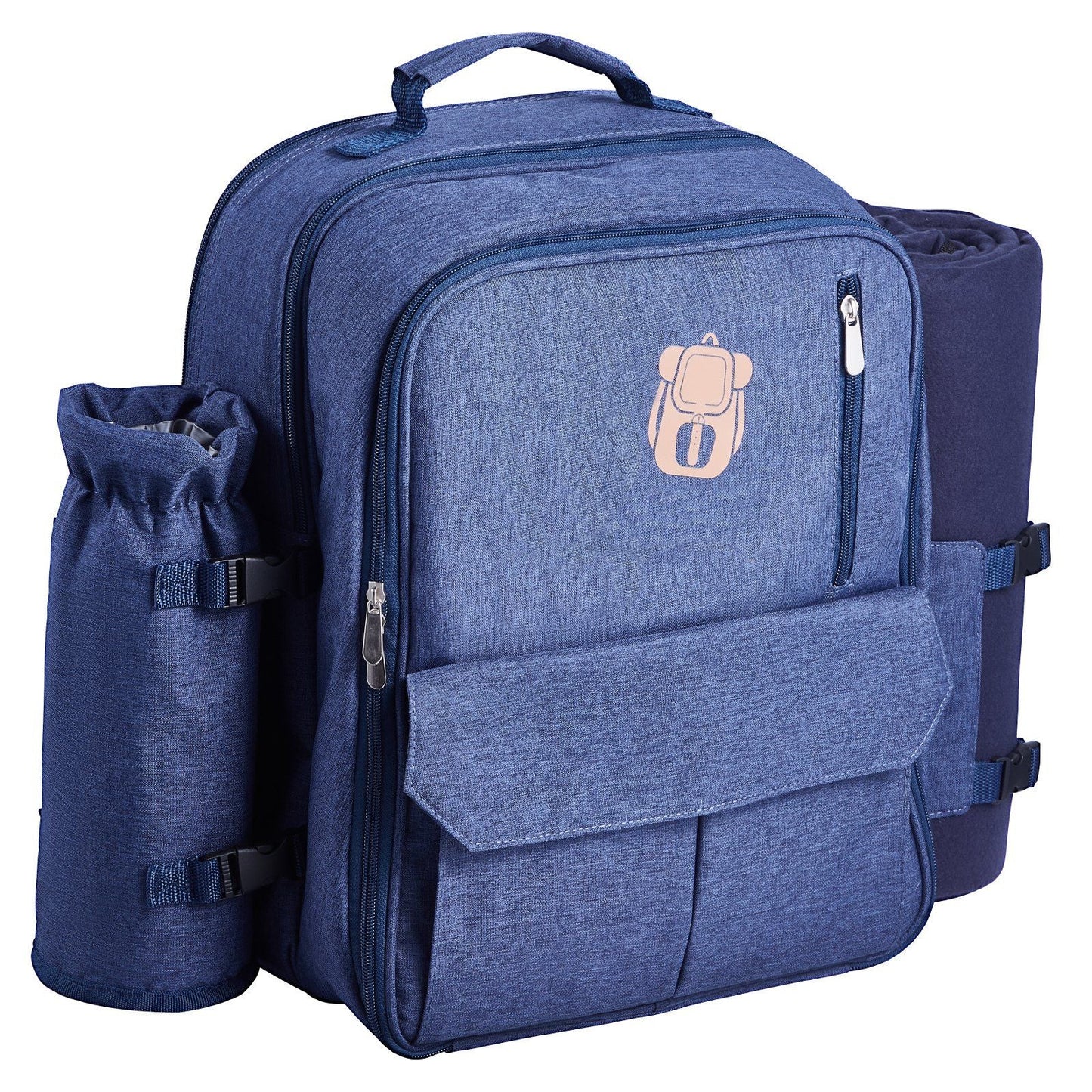 Beach Picnic Backpack Bag for 4 Person with Cooler Compartment Navy Blue