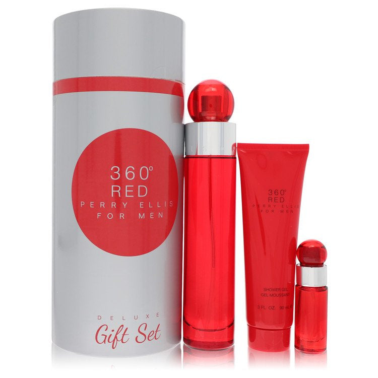Perry Ellis 360 Red by Perry Ellis Gift Set - 3.4 oz Eau De Toilette Spray + .25 oz Mini EDT Spray + 3 oz Shower Gel in Tube Box