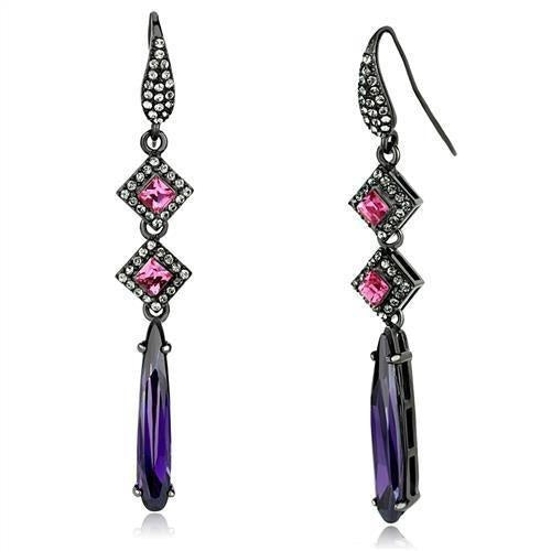 TK2712 - IP Light Black (IP Gun) Stainless Steel Earrings with AAA Grade CZ in Amethyst