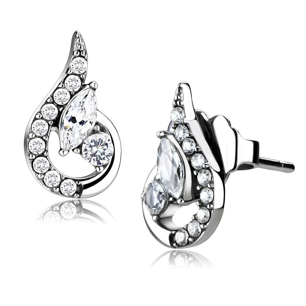 DA074 - High polished (no plating) Stainless Steel Earrings with AAA Grade CZ in Clear