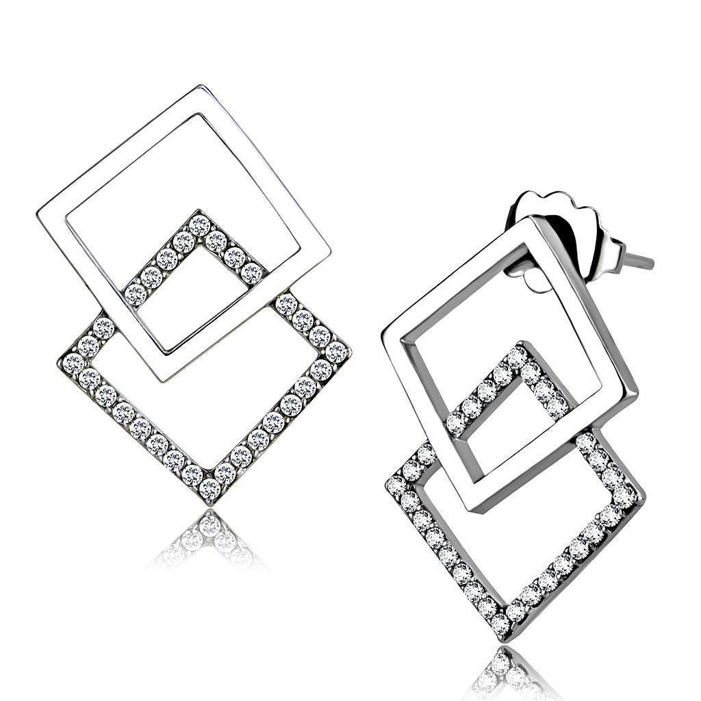 DA201 - High polished (no plating) Stainless Steel Earrings with AAA Grade CZ in Clear