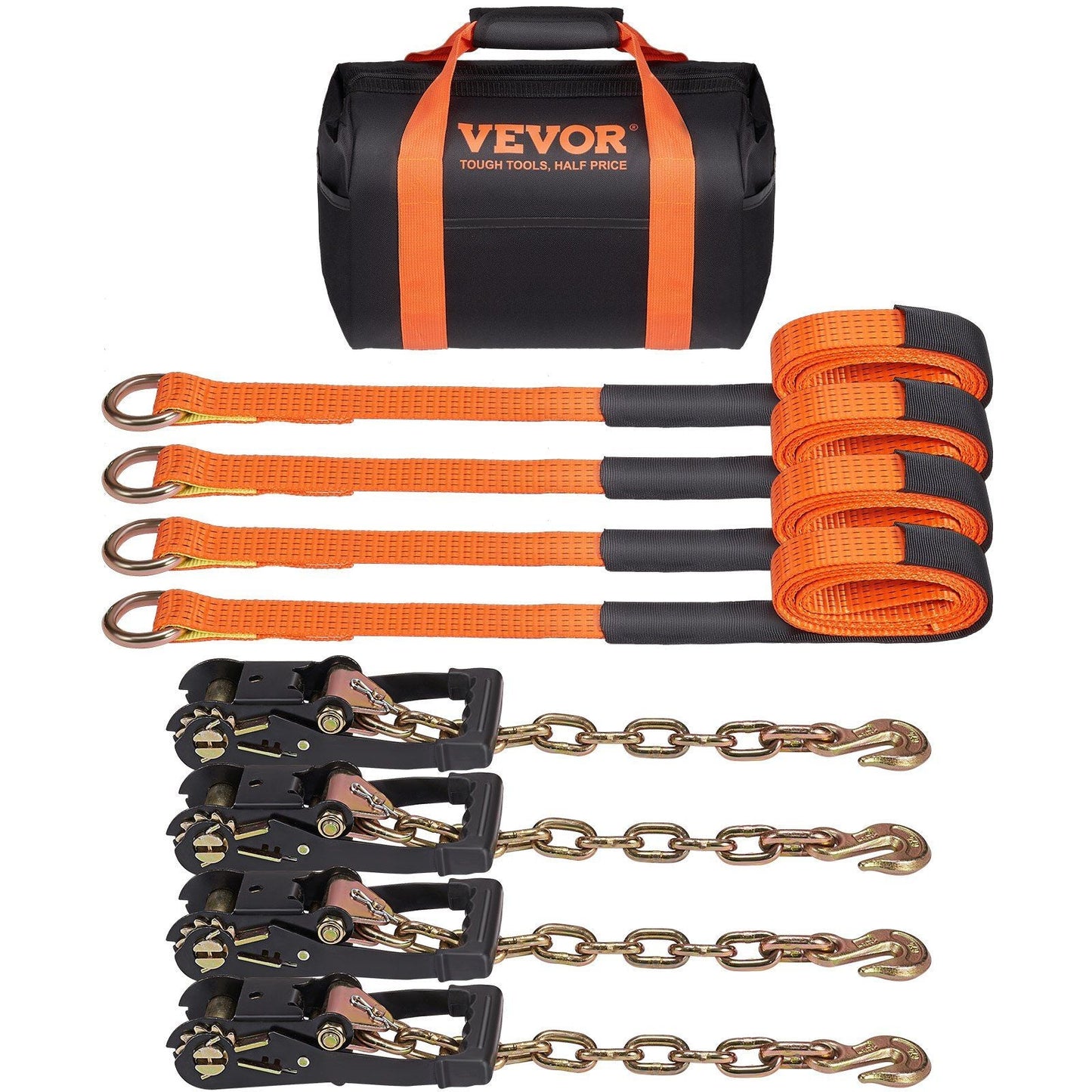 Car Tie Down with Chain Anchors, Lasso Style 2"×120" Tire Straps, 5865 LBS Working Load, 11023 LBS Breaking Strength, with Heavy Duty Ratchets for Passenger Car, ATV, SUV, UTV, Truck, 4-Pack