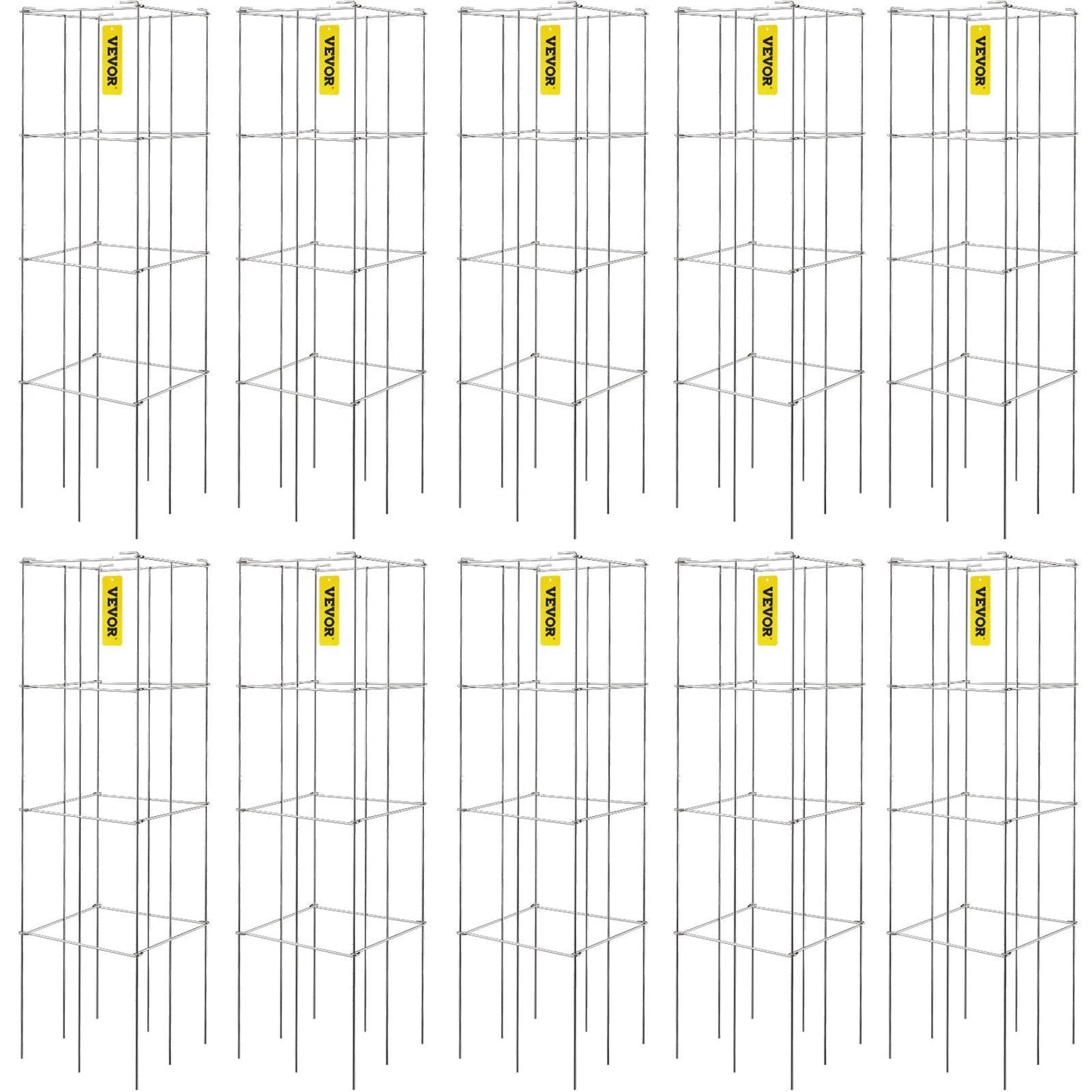 Tomato Cages, 11.8" x 11.8" x 46.1", 10 Packs Square Plant Support Cages, Silver PVC-Coated Steel Tomato Towers for Climbing Vegetables, Plants, Flowers, Fruits