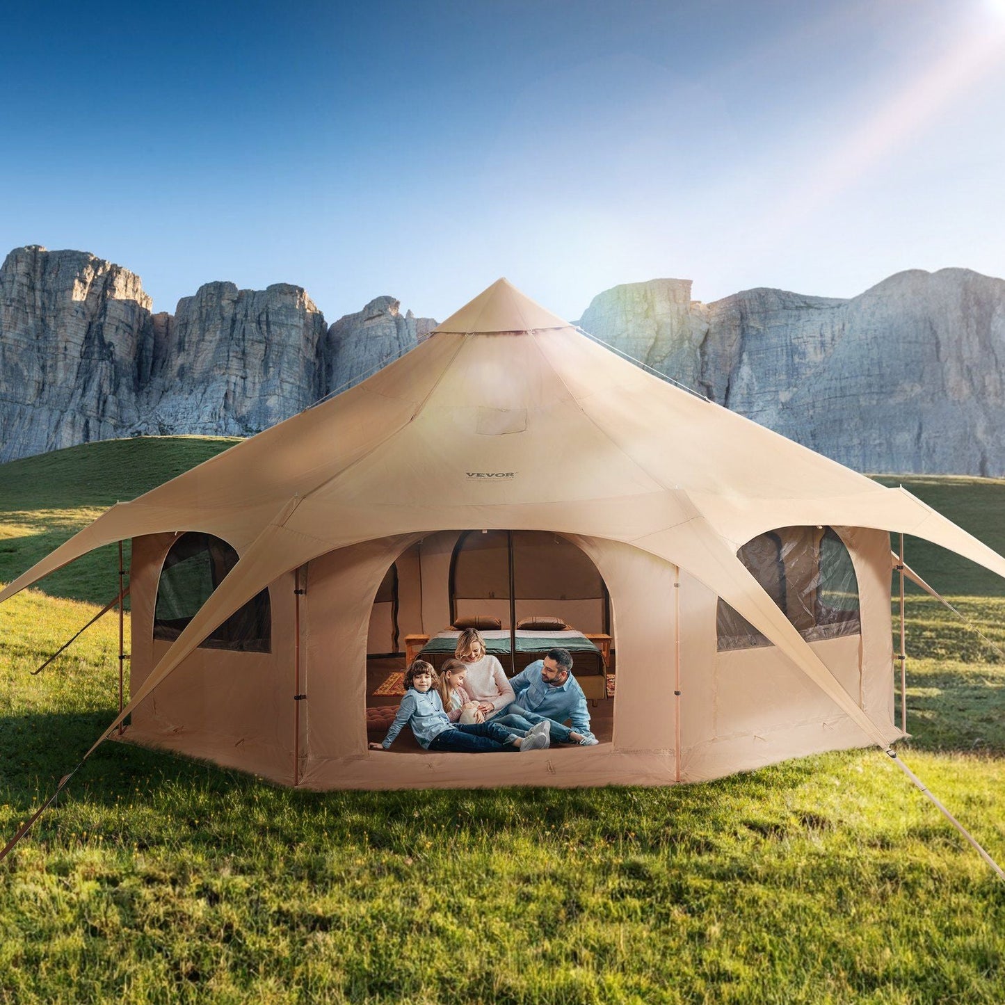 Canvas Tent, 4 Seasons 5 m/16.4 ft Bell Tent, Canvas Tent for Camping with Stove Jack, Breathable Yurt Tent for up to 8 People, Family Camping Outdoor Hunting Party