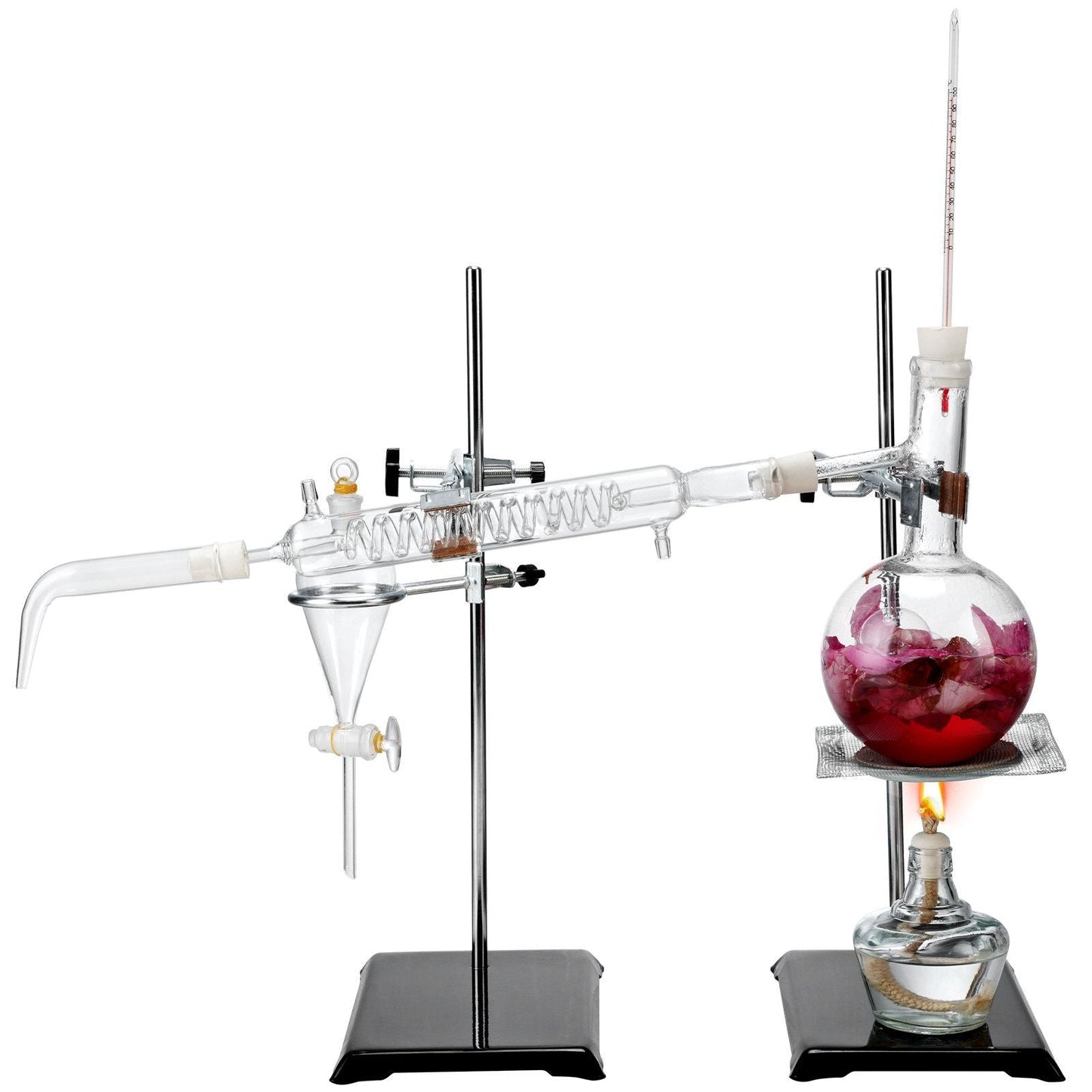 Essential Oil Distillation Kit, 500ml Distillation Apparatus, 3.3 Boro Lab Glassware Distillation Kit with Alcohol Lamp, Ceramic Mesh and 24, 40 Joint, 28 pcs Set