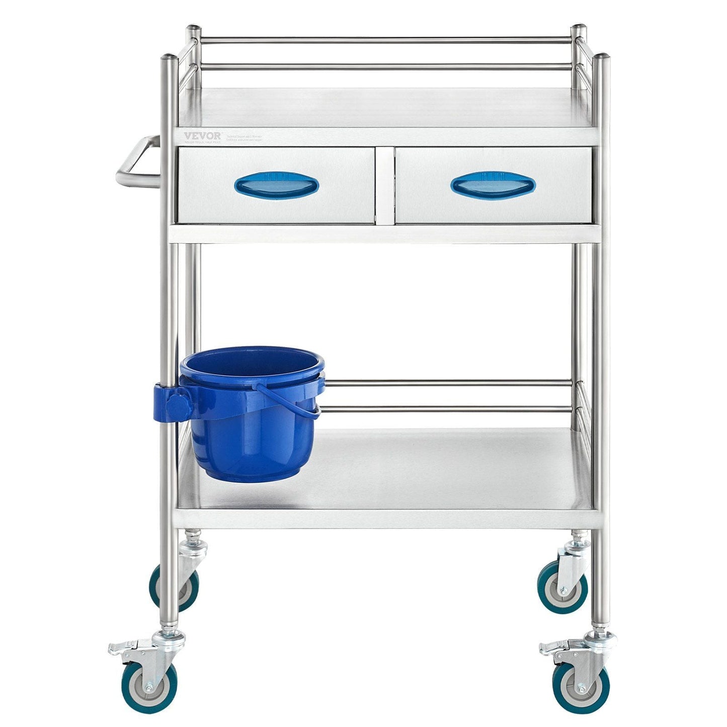 Lab Serving Cart, 2 Layers Stainless Steel Utility Rolling Cart, Medical Cart with Two Drawers, Dental Utility Cart with Lockable Wheels and A Bucket, for Laboratory, Hospital, Dental Use