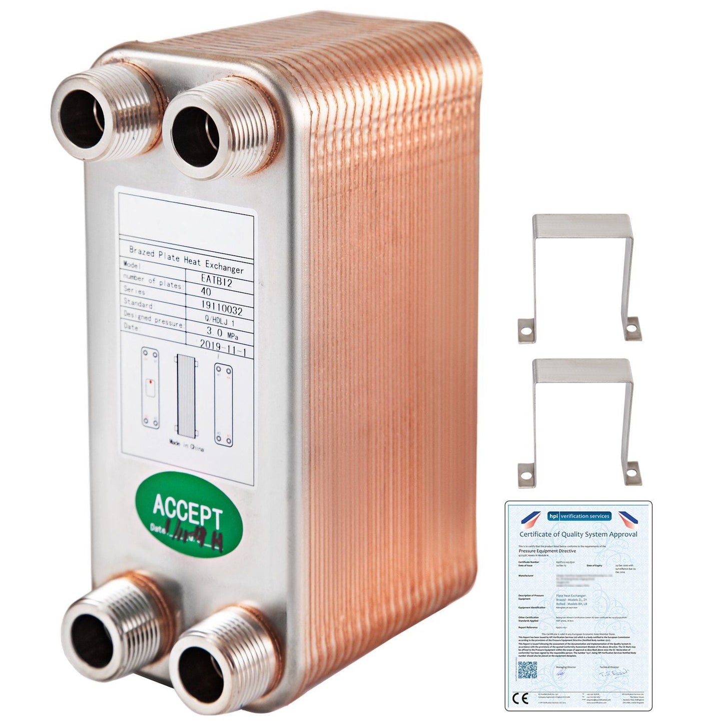 Heat Exchanger 3"x7.5" 40 Plates Brazed Plate Heat Exchanger 316L 3/4" MPT Heat Exchanger B3-12A Beer Wort Chiller for Hydronic Heating