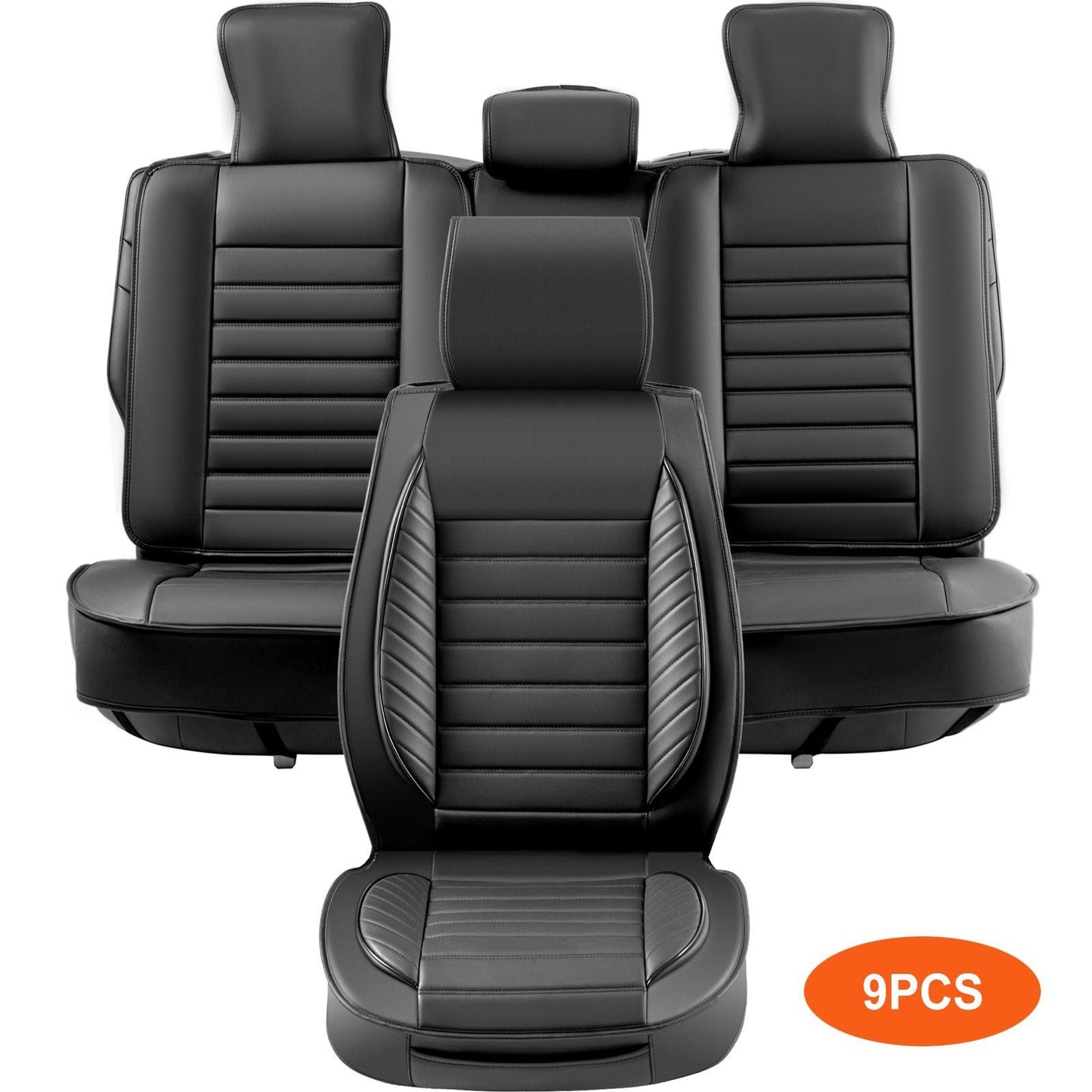 Seat Covers, Universal Car Seat Covers Full Set Seats, Front and Rear Seat, 9pcs Faux Leather Seat Cover, Semi-enclosed Design, Detachable Headrest and Airbag Compatible, for Most Car SUV Truck