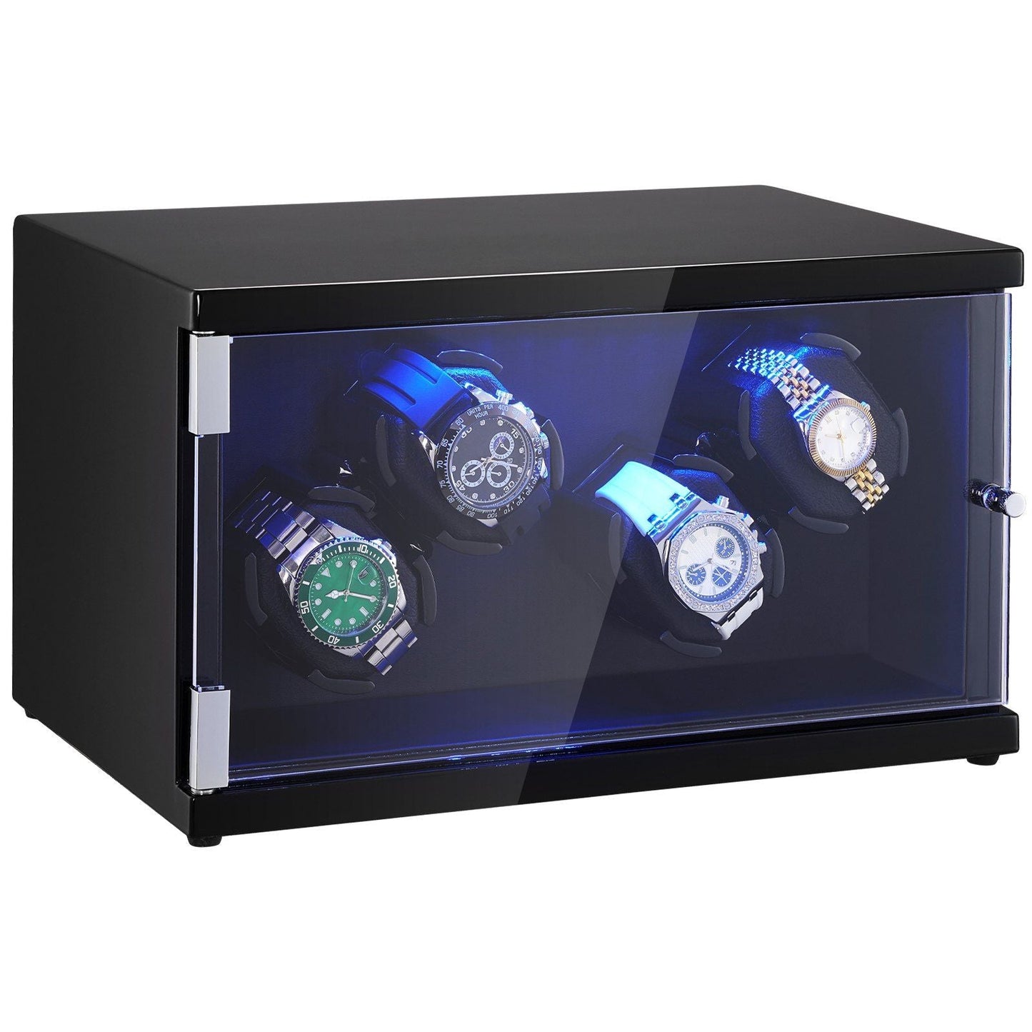Watch Winder, Watch Winder for 4 Men's and Women's Automatic Watches, with 2 Super Quiet Japanese Mabuchi Motors, Blue LED Light and Adapter, High-Density Board Shell and Black PU