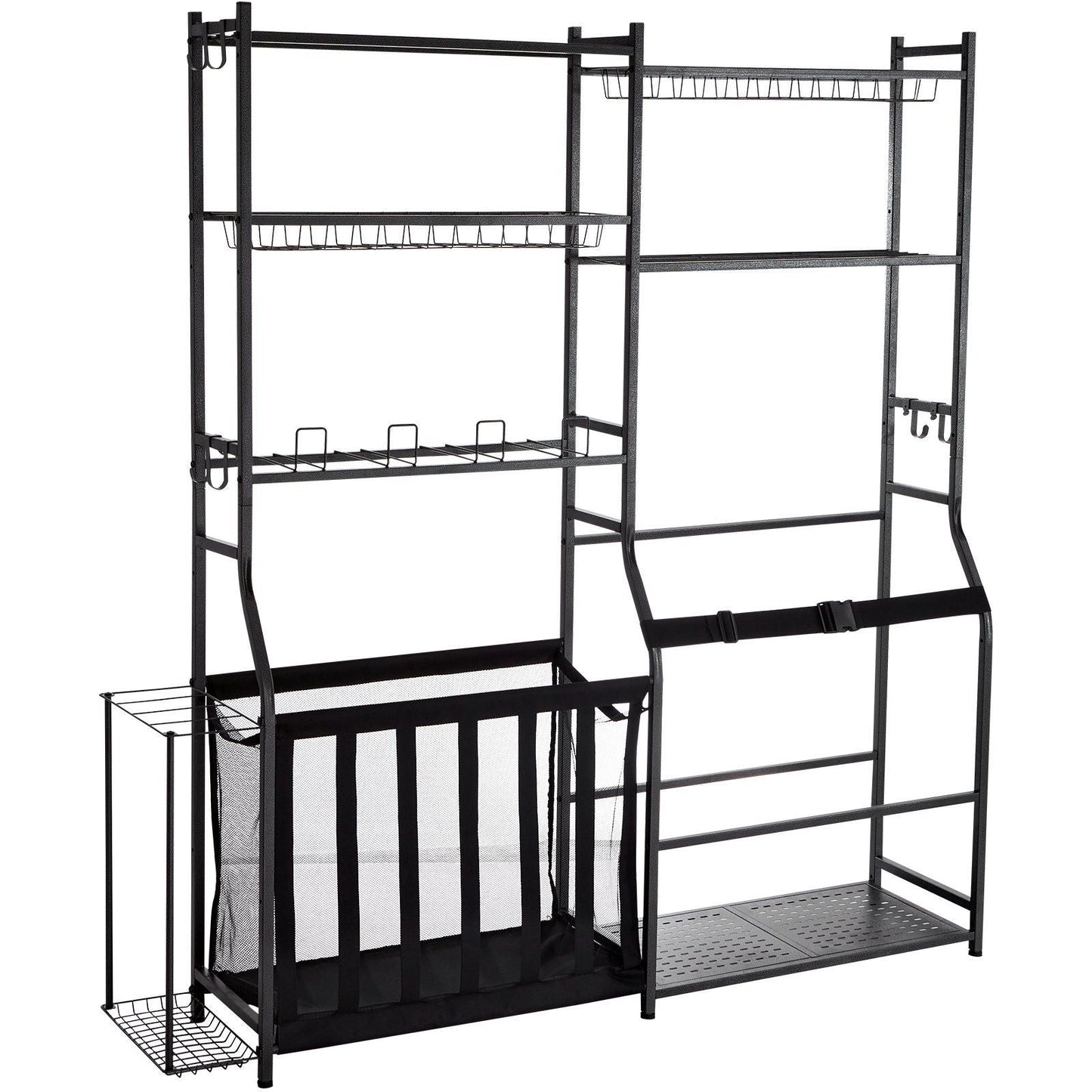 Golf Storage Garage Organizer, 2 Golf Bag Storage Stand Holder and Other Sports Equipment Storage Rack, Outdoor Steel Ball Cart, Sports Gear and Toys Storage Shelves with Baskets & Hooks, Black