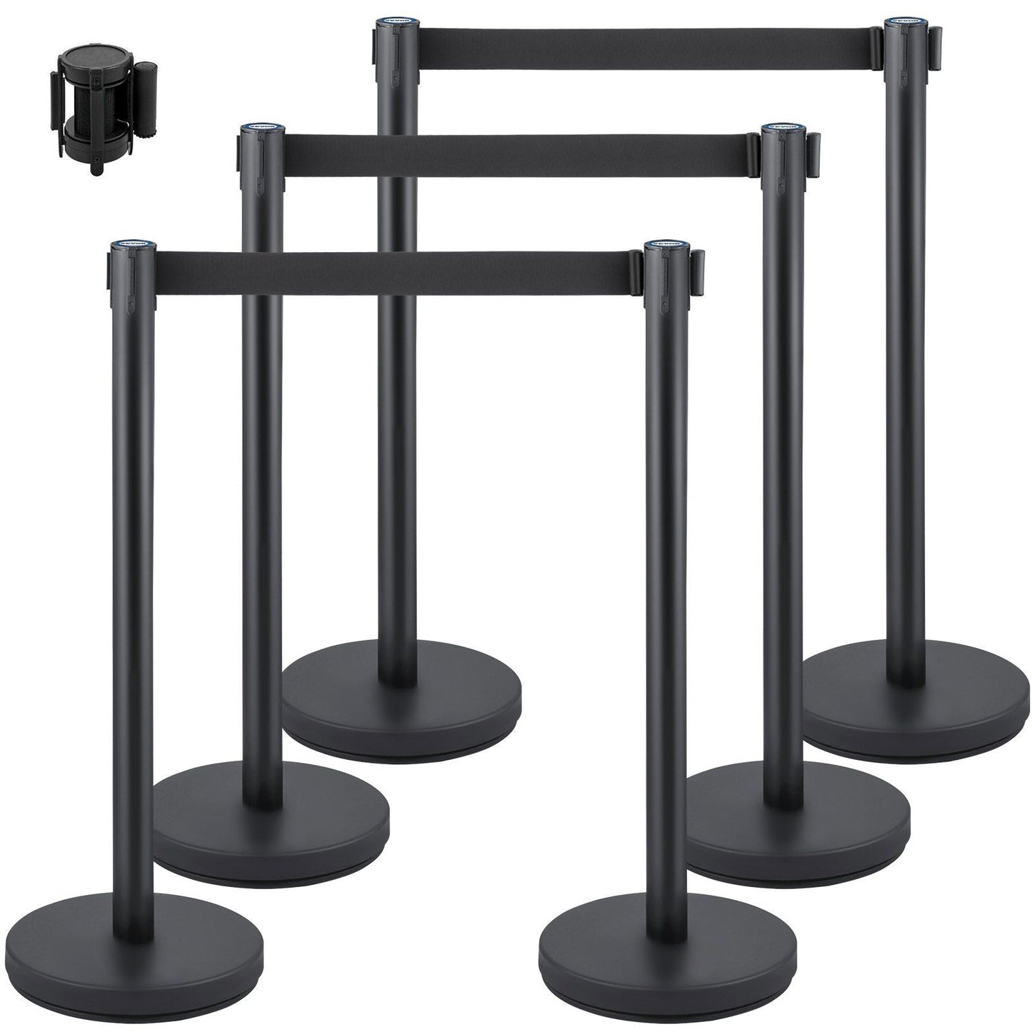 Crowd Control Stanchion, Set of 6 Pieces Stanchion Set, Stanchion Set with 6.6 ft/2 m Black Retractable Belt, Black Crowd Control Barrier w/Concrete and Metal Base - Easy Connect Assembly