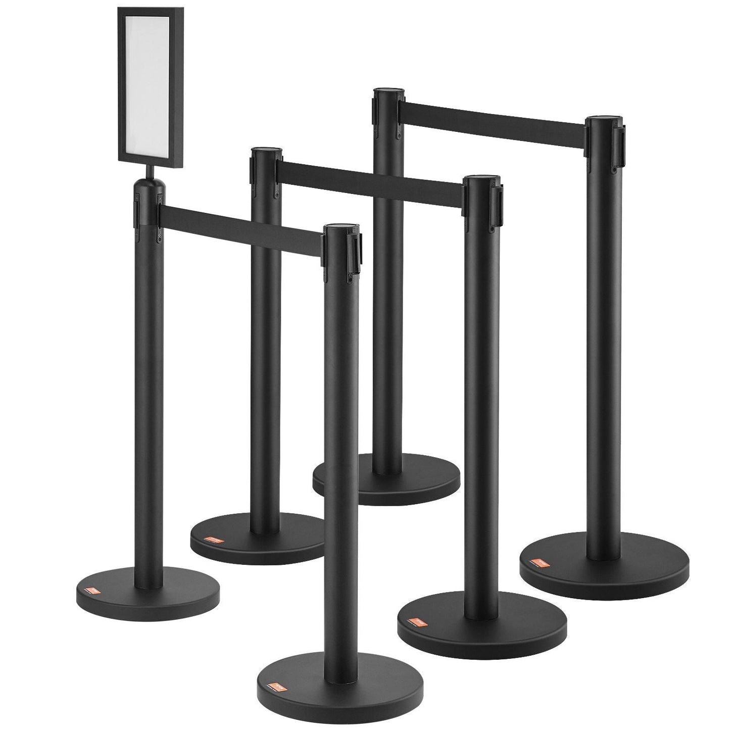 Crowd Control Stanchions, 6-Pack Crowd Control Barriers, Carbon Steel Baking Painted Stanchion Queue Post with Sign Holder & 3PCS 6.5FT Retractable Belt, Belt Barrier Line Divider, Easy Assembly