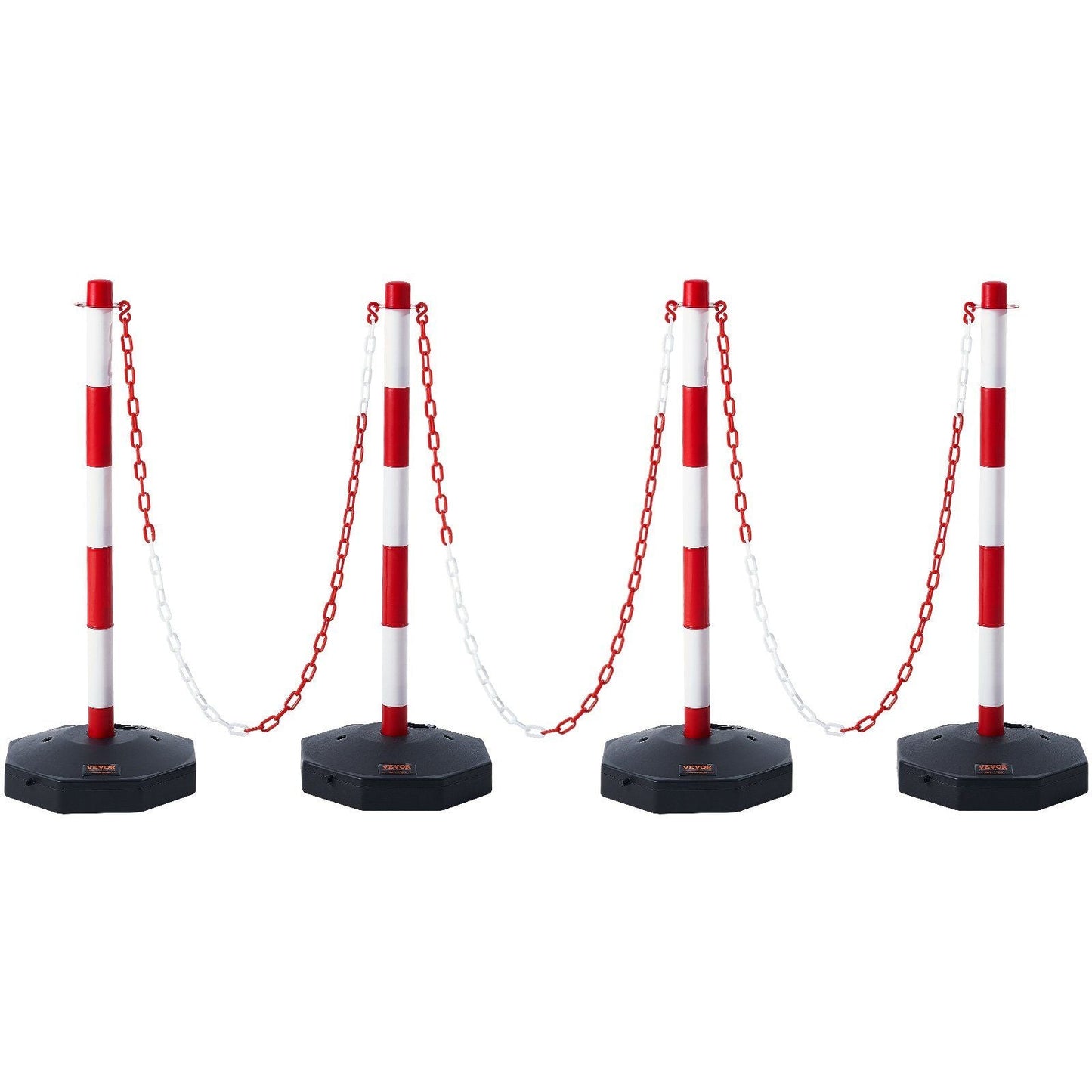 Adjustable Traffic Delineator Post Cones, 4 Pack, Traffic Safety Delineator Barrier with Fillable Base 8FT Chain, for Traffic Control Warning Parking Lot Construction Caution Roads, Red & White