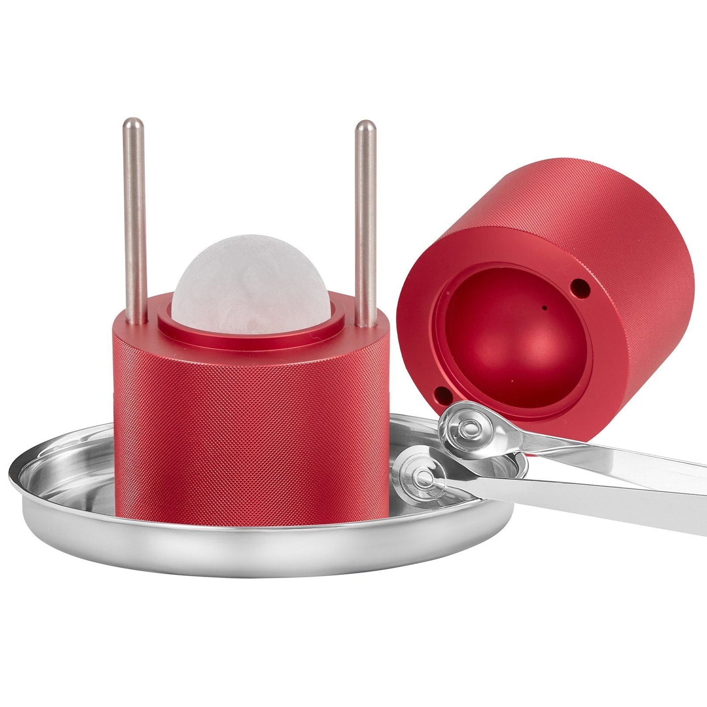 Ice Ball Press, 2.4" Ice Ball Maker, Aircraft Al Alloy Ice Ball Press Kit for 60mm Ice Sphere, Ice Press with Tong and Drip Tray, for Whiskey, Cocktail, Bourbon, Scot on Party & Holiday, Red