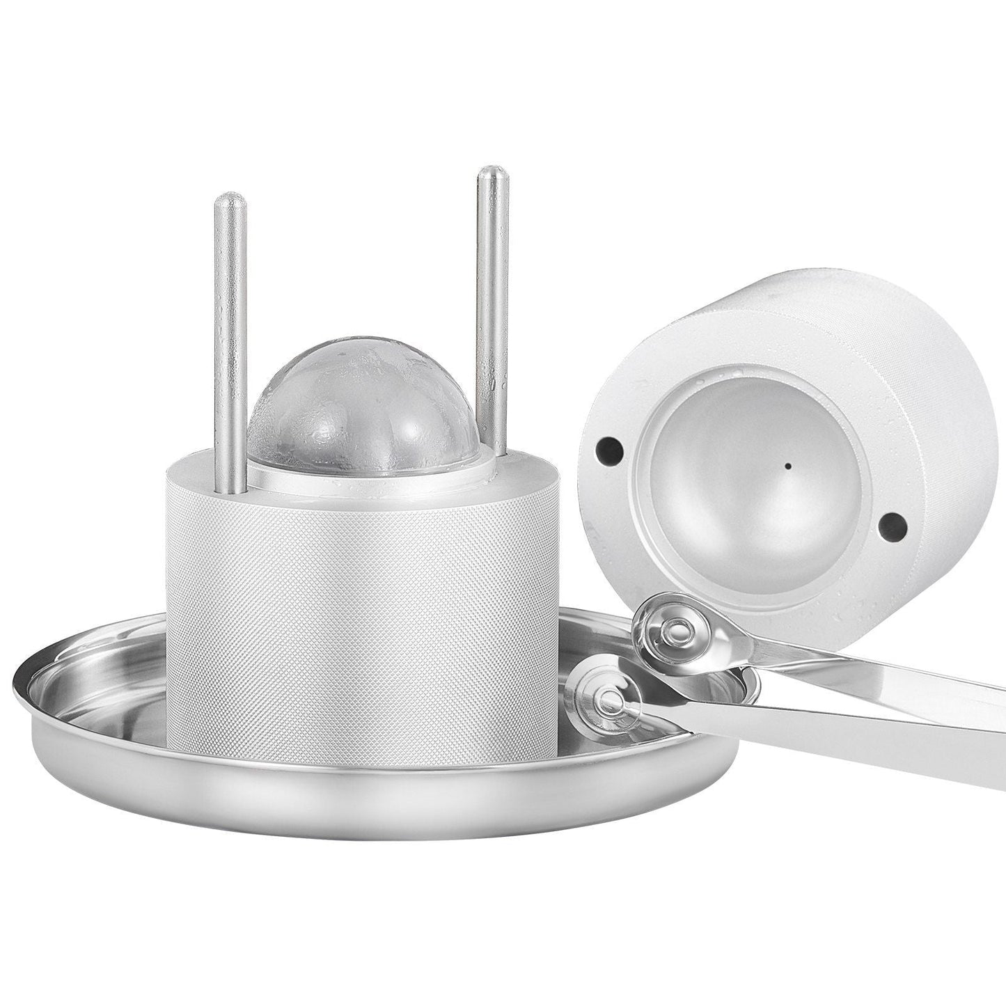 Ice Ball Press, 2.4" Ice Ball Maker, Aircraft Al Alloy Ice Ball Press Kit for 60mm Ice Sphere, Ice Press with Tong and Drip Tray, for Whiskey, Cocktail, Bourbon, Scot on Party & Holiday, Silver
