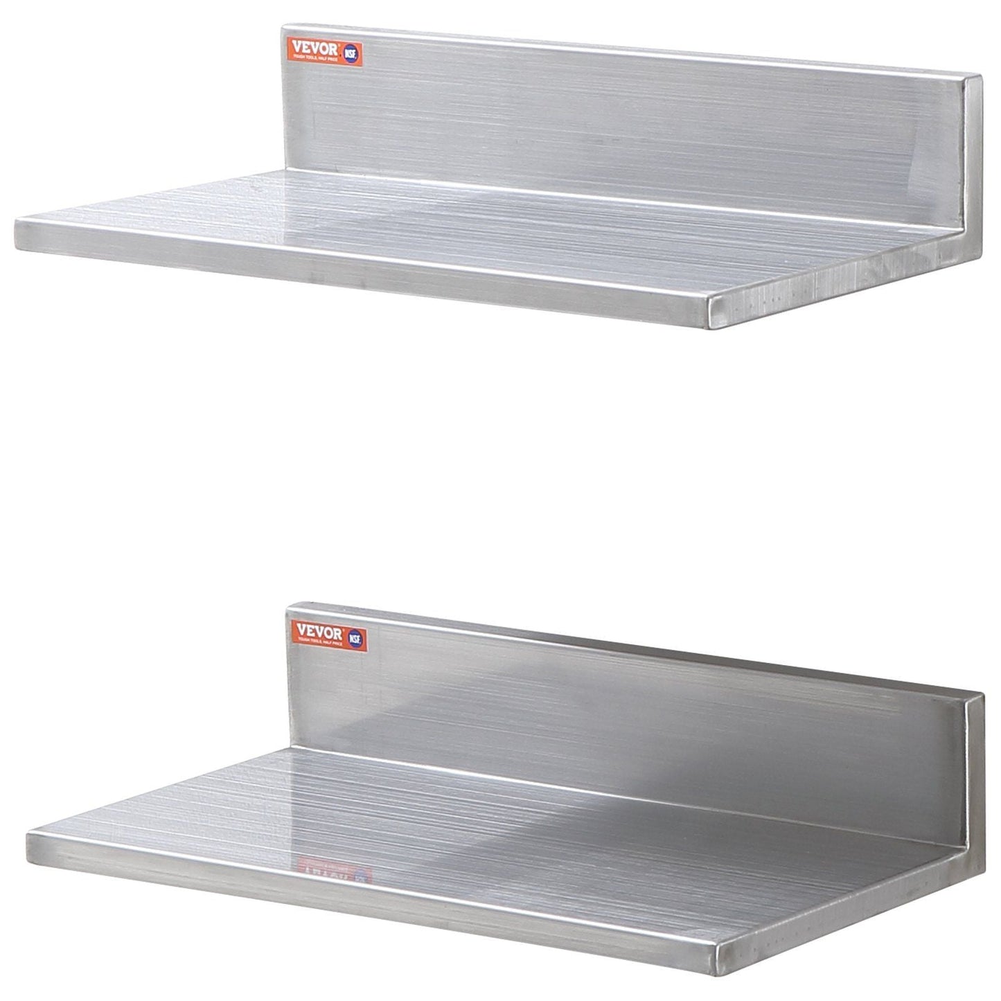 8.6" x 16" Stainless Steel Shelf, Wall Mounted Floating Shelving with Backsplash, 44 lbs Load Capacity Commercial Shelves, Heavy Duty Storage Rack for Restaurant, Bar, Home, and Hotel (2 Packs)