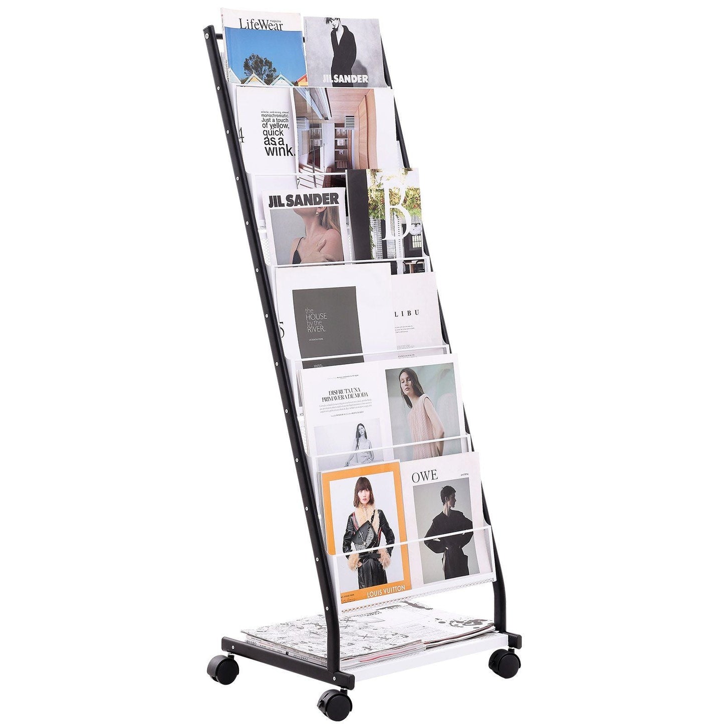 Brochure Display Rack, 6-Tier Magazine Literature Display Stand, Floor Standing Magazine Rack Newspaper Catalog Holders, Movable with 4 Wheels (2 Lockable) for Shop Exhibitions Office, 6 Pockets