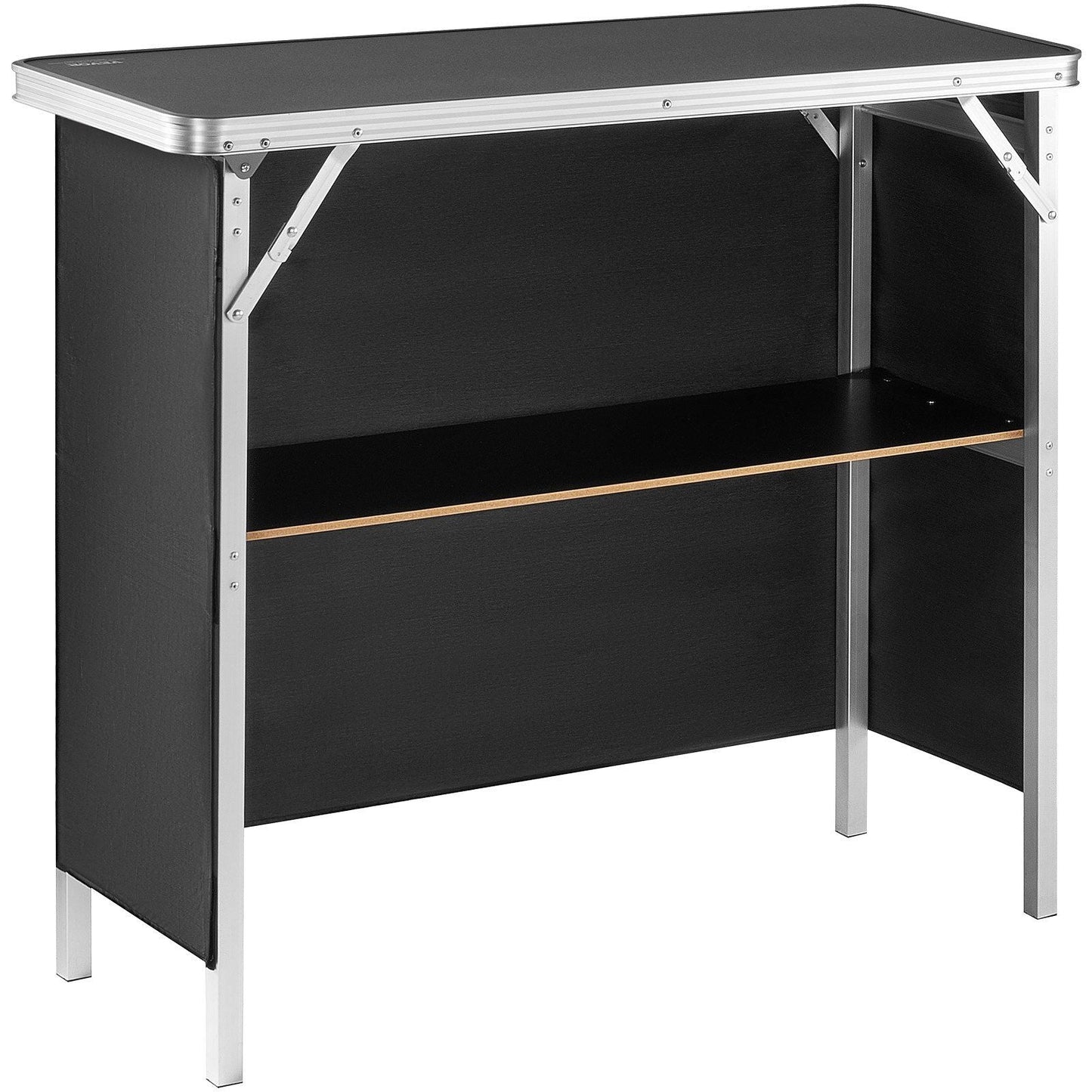 Folding Portable Bar Table, Tradeshow Podium Table for Indoor, Outdoor, Party, Picnic, Exhibition, Includes Carrying Case, Storage Shelf and Black Skirt, 38.39" x 15.16" x 34.25"