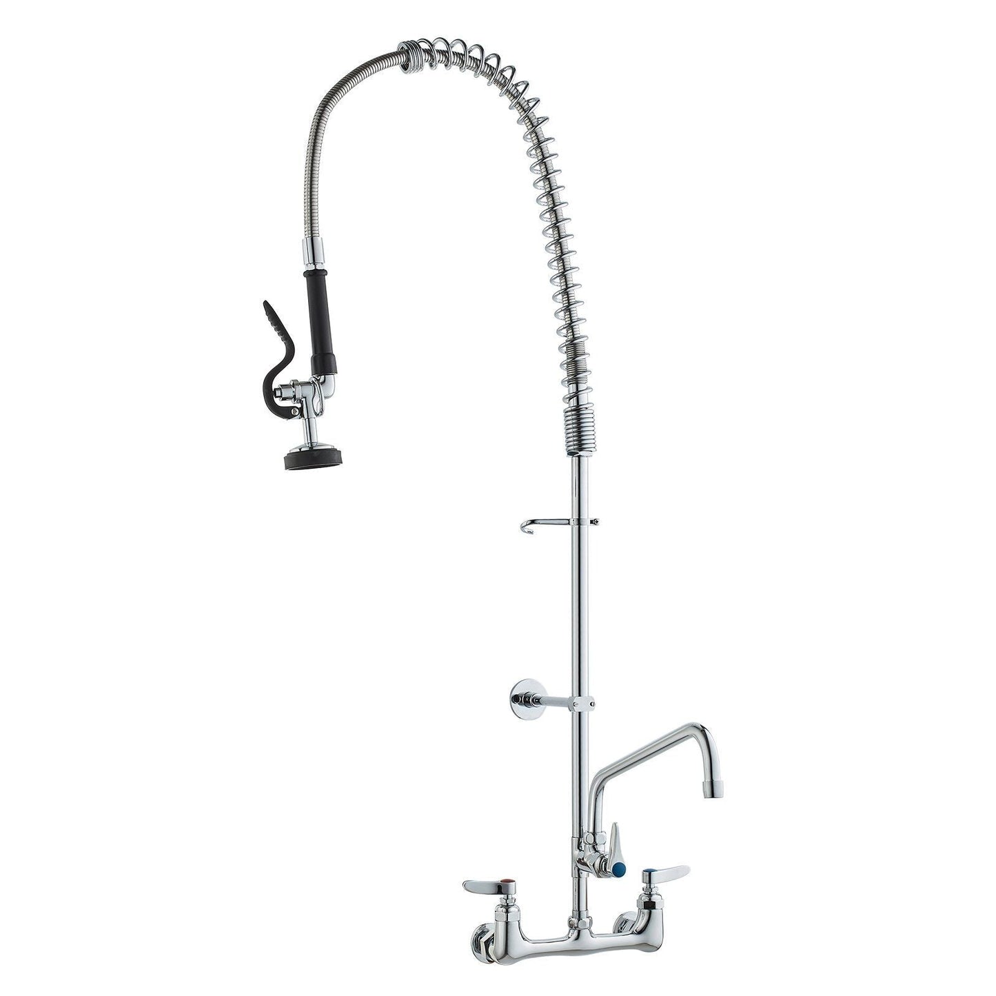Commercial Faucet with Pre-Rinse Sprayer, 44" Height, 8" Center, 12" Swing Spout, Wall Mount Kitchen Sink Faucet, Brass Constructed Device with Pull Down Spray, for 1/2/3 Compartment Sink