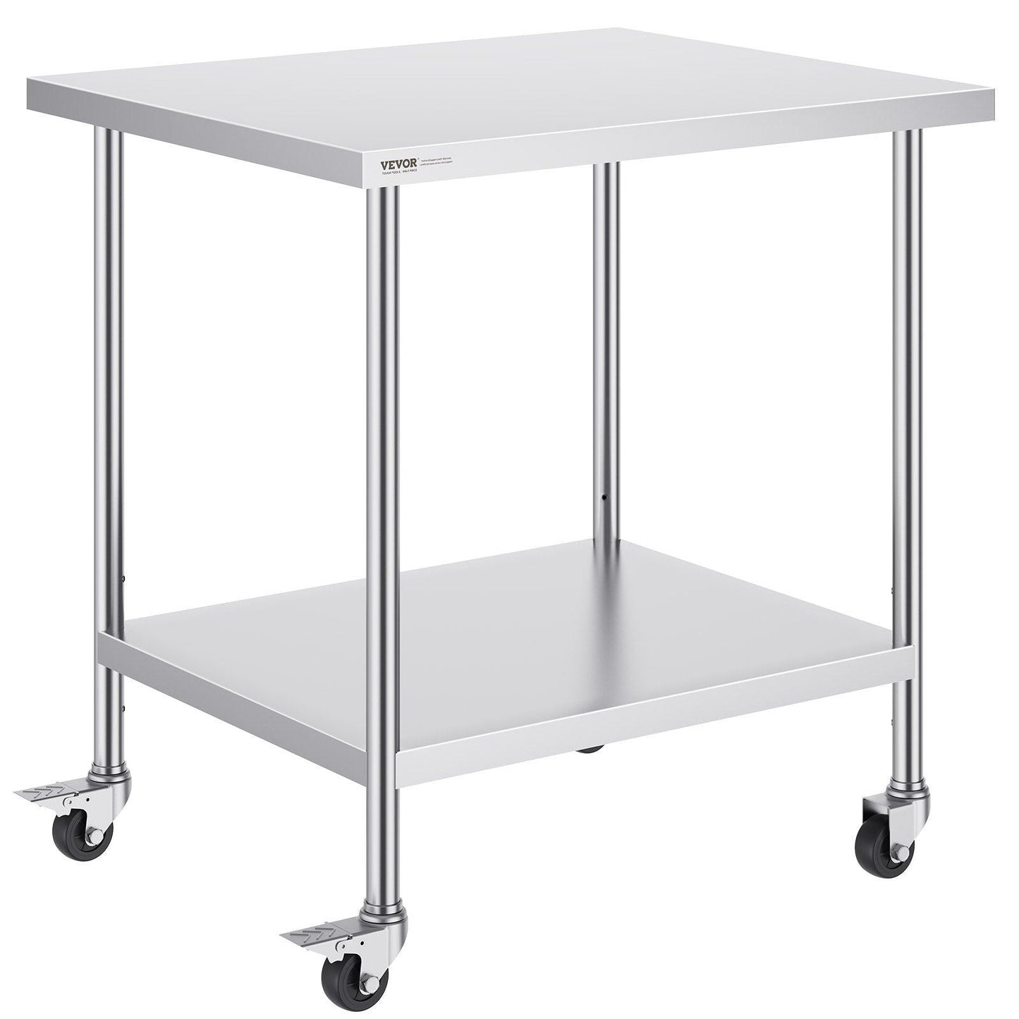 Stainless Steel Work Table 30 x 36 x 38 Inch, with 4 Wheels, 3 Adjustable Height Levels, Heavy Duty Food Prep Worktable for Commercial Kitchen Restaurant, Silver