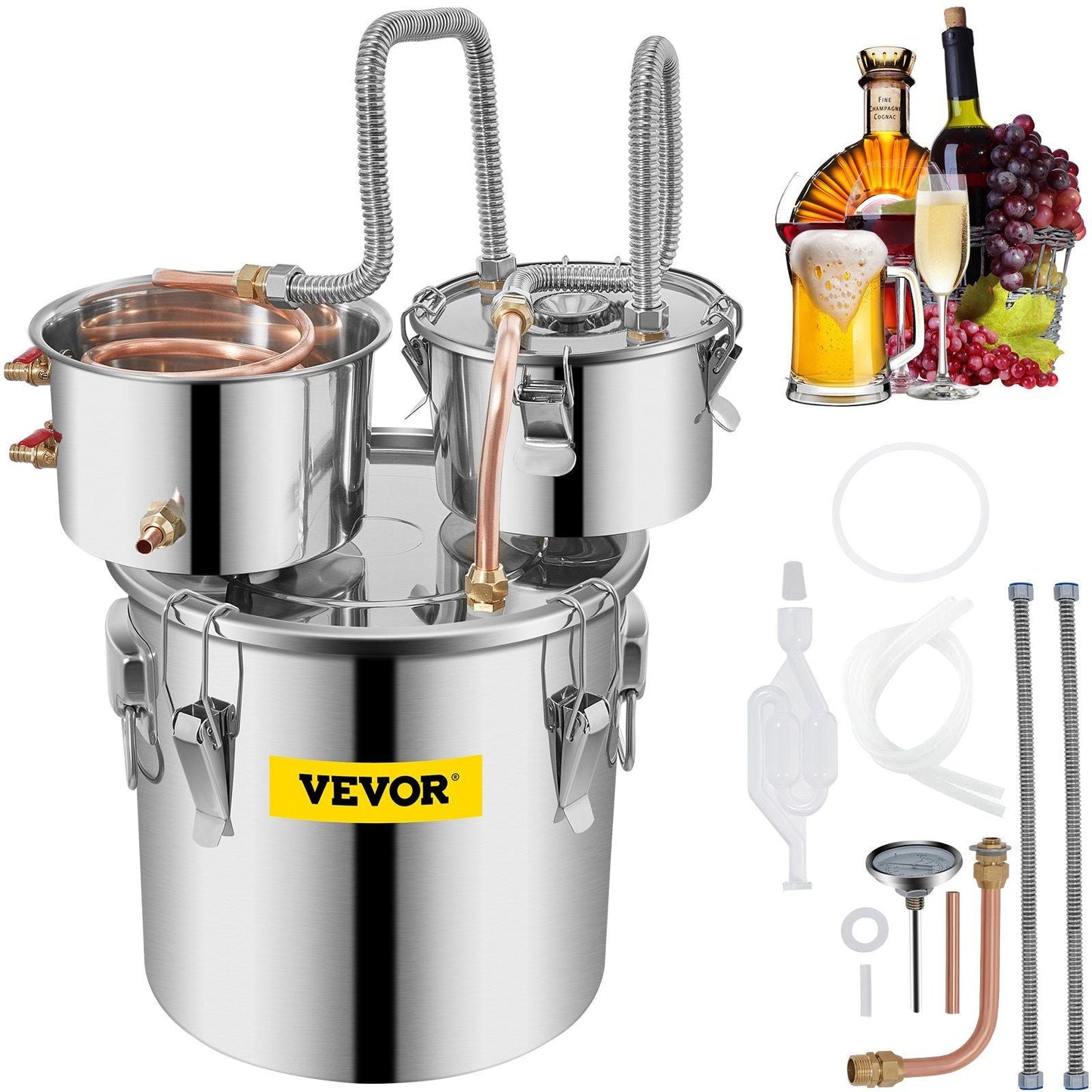 Alcohol Still, 3 Gallon, Stainless Steel Alcohol Distiller with Copper Tube & Build-in Thermometer & Water Pump, Double Thumper Keg Home Brewing Kit, for DIY Whiskey Wine Brandy