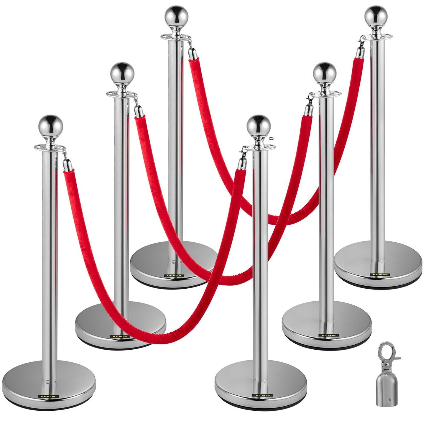 6 PCS Silver Stanchions Posts Stainless Steel Stanchion Queue Post Red Rope Retractable 38In for Both Indoor and Outdoor use.