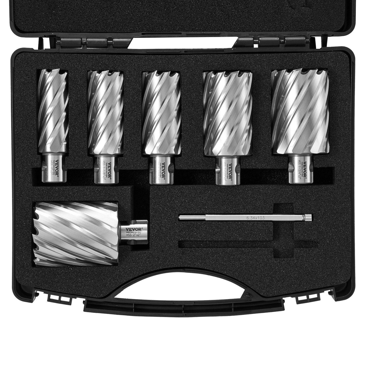 Annular Cutter Set, 6 pcs Universal Shank Mag Drill Bits, 1" to 2" Cutting Diameter, 2" Cutting Depth, M2AL High-Speed Steel, with 2 Pilot Pins and Portable Case, for Using with Magnetic Drills