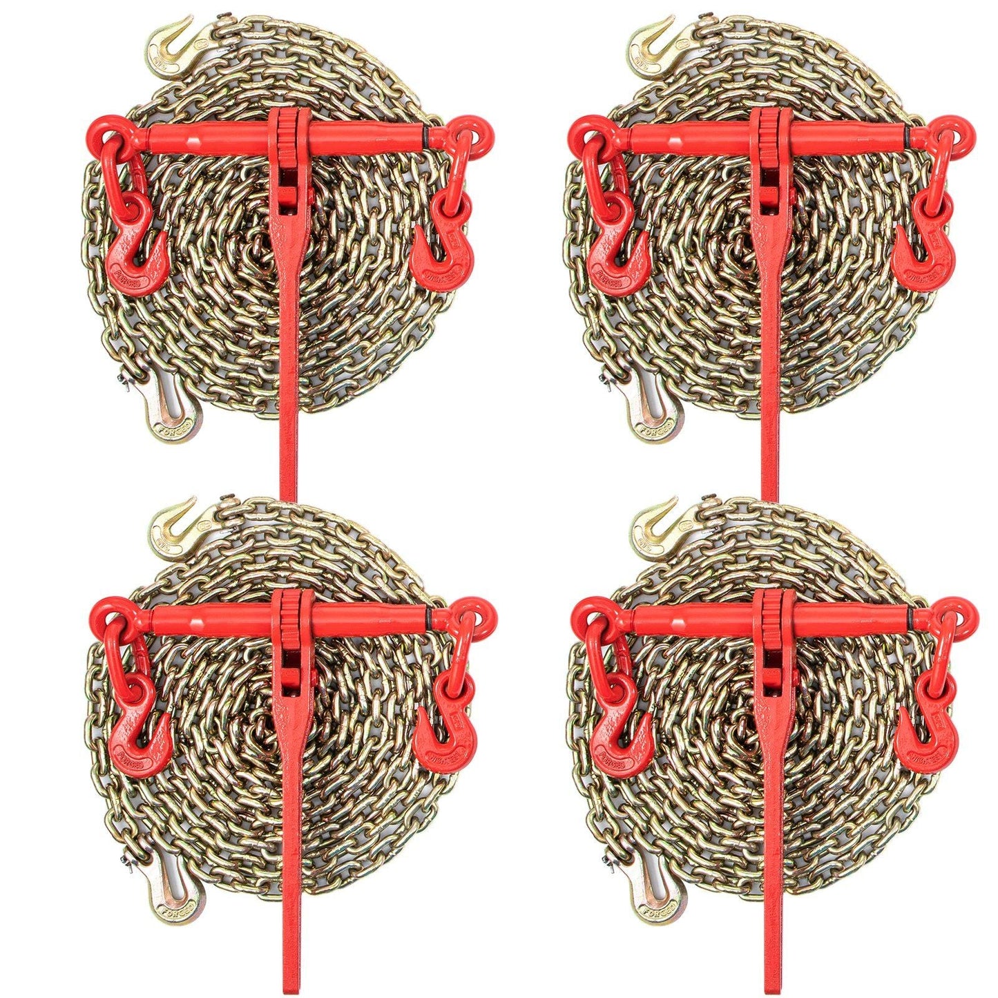 Chain Load Binder, 5/16" Tie Down Kit w/ 6600LBS Working Load Capacity and Two Grab Hooks, Includes (4) Ratchet Binders - (4) 21' Grade 80 Chains, Transport Load Package for Hauling, Towing