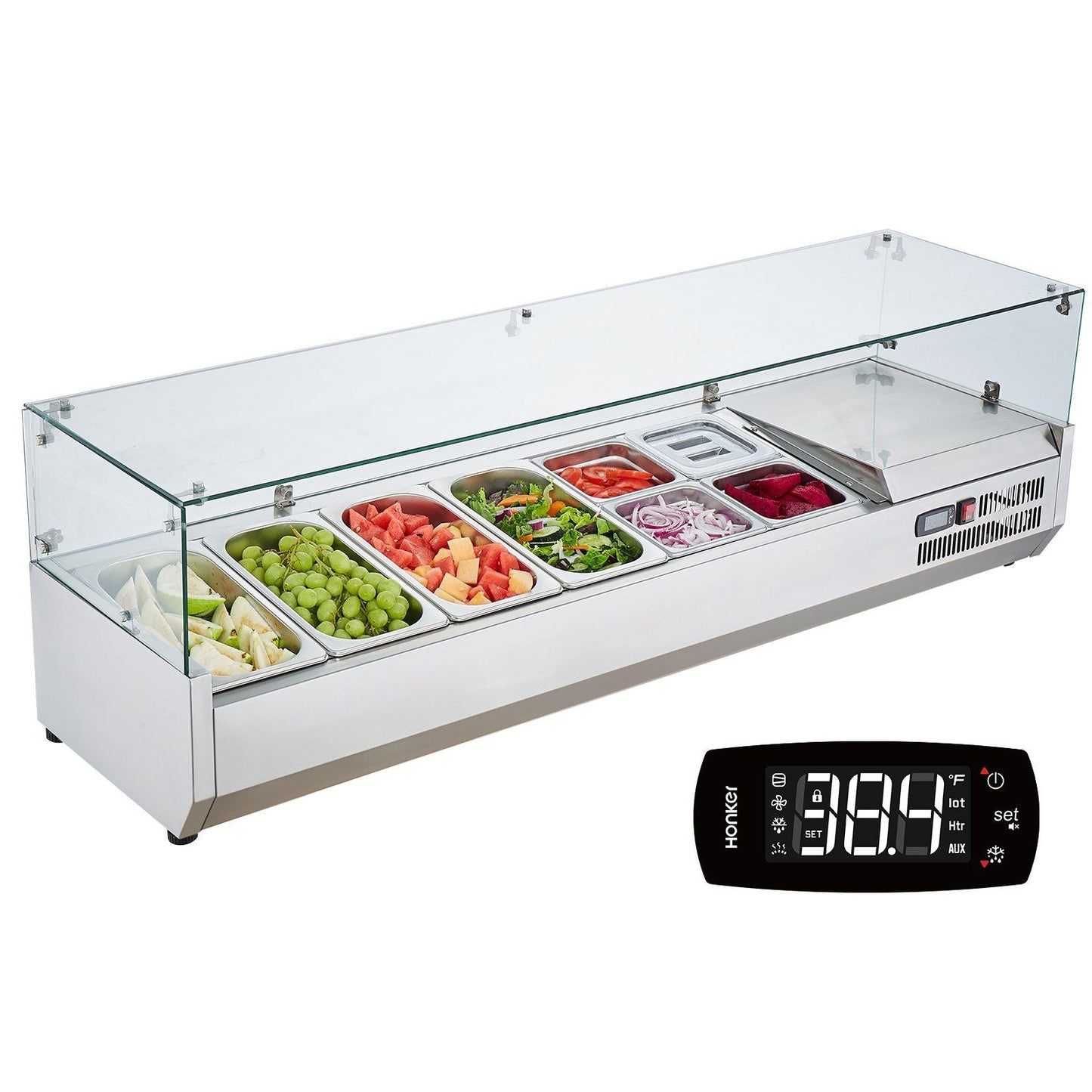 Refrigerated Condiment Prep Station, 150 W Countertop Refrigerated Condiment Station, with 4 1/3 Pans & 4 1/6 Pans, 304 Stainless Body and PC Lid, Sandwich Prep Table with Glass Guard, ETL