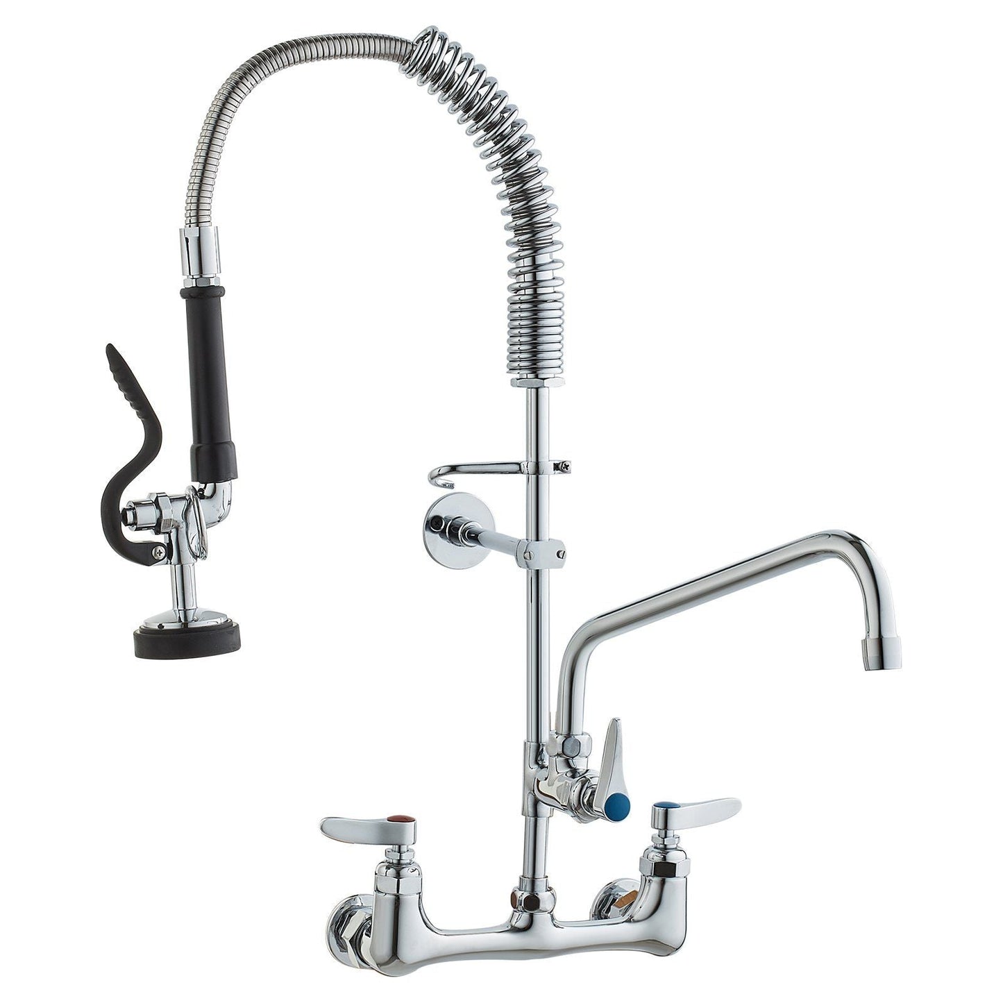 Commercial Faucet with Pre-Rinse Sprayer, 25" Height, 8" Center, 12" Swing Spout, Wall Mount Kitchen Sink Faucet, Brass Constructed Device with Pull Down Spray, for 1/2/3 Compartment Sink