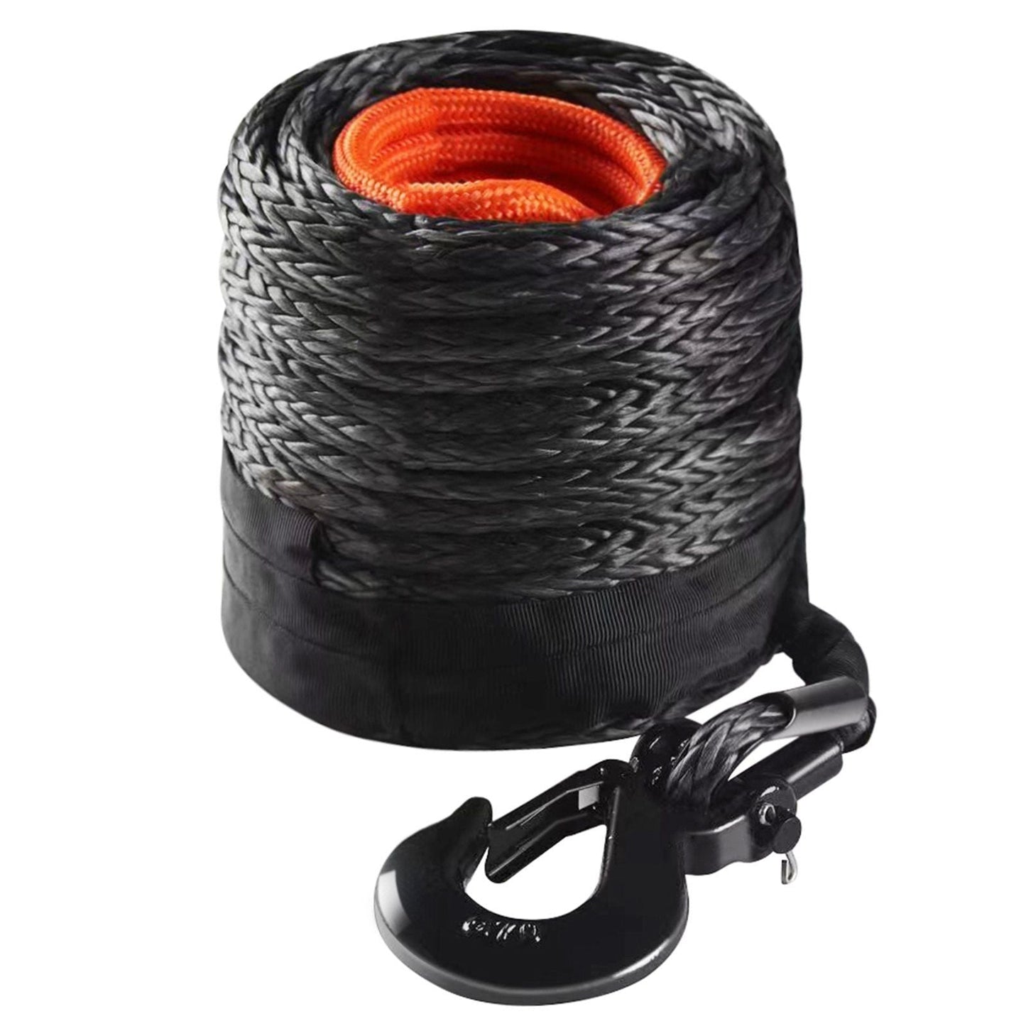 Synthetic Winch Rope, 3/8 Inch x 85 Feet 26,500 lbs Synthetic Winch Line Cable Rope with Protective Sleeve + Forged Winch Hook + Pull Strap, Universal Fit for SUV, Large Off-Road Vehicle, Truck