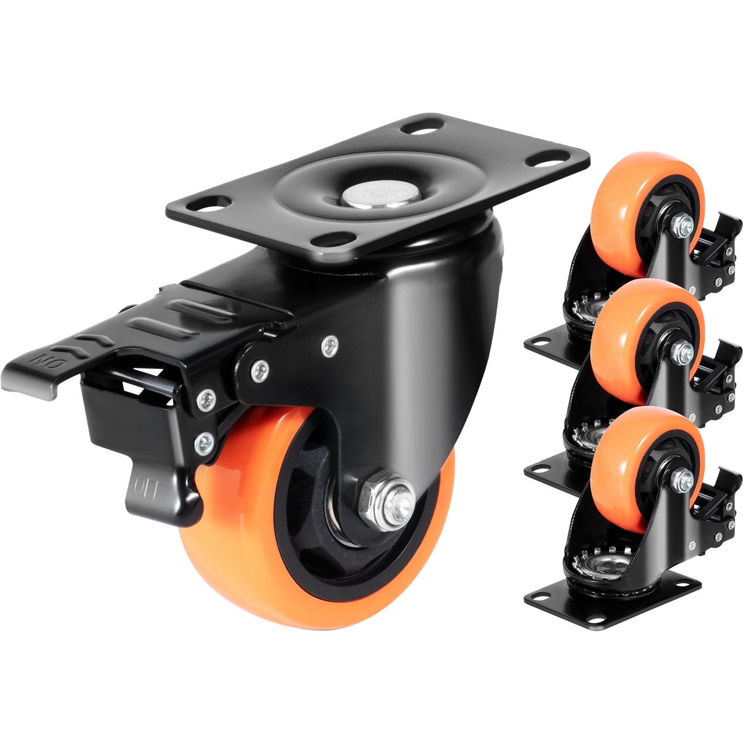 Caster Wheels, 3-inch Swivel Plate Casters, Set of 4, with Security A/B Locking No Noise PVC Wheels, Heavy Duty 250 lbs Load Capacity Per Caster, Non-Marking Wheels for Cart Furniture Workbench