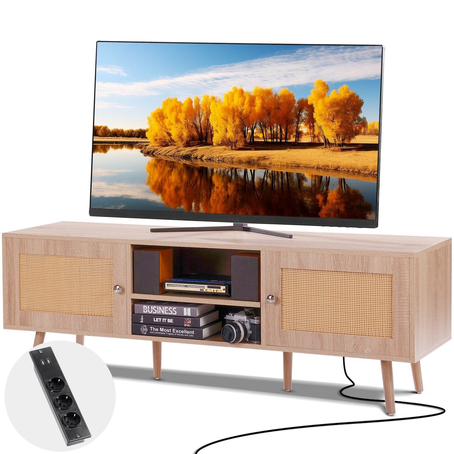 Rattan TV Stand, Mid Century Modern TV Stand for 65 inch TV, Boho Rattan TV Cabinet with Build-in Socket and USB Ports, Adjustable Shelfs for Living Room, Media Room, Oak