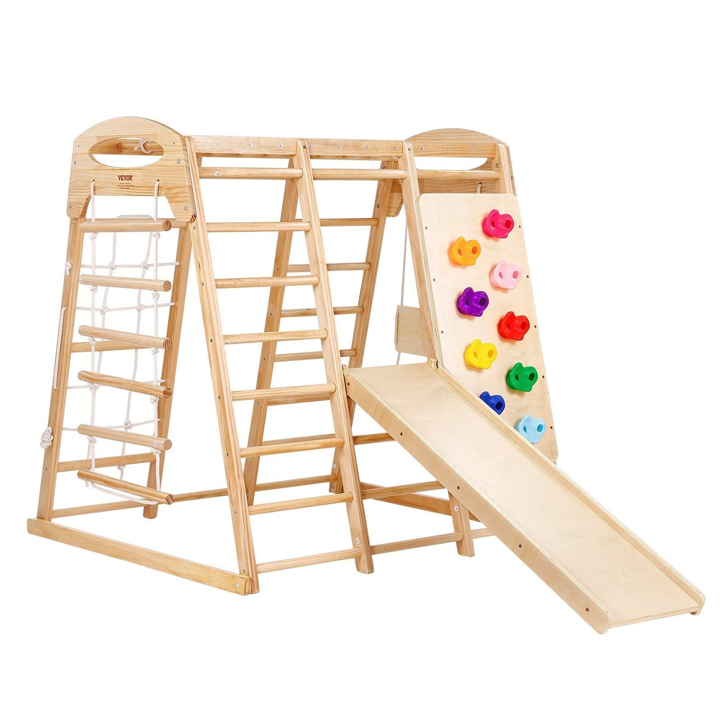 Indoor Jungle Gym, 7-in-1 Toddler Indoor Playground, Wooden Toddler Climbing Toys Indoor with Wood & Rope Ladder, Net Ladder, Swing, Monkey Bar, Slide, Climbing Wall, 43 x 47.2 x 47in