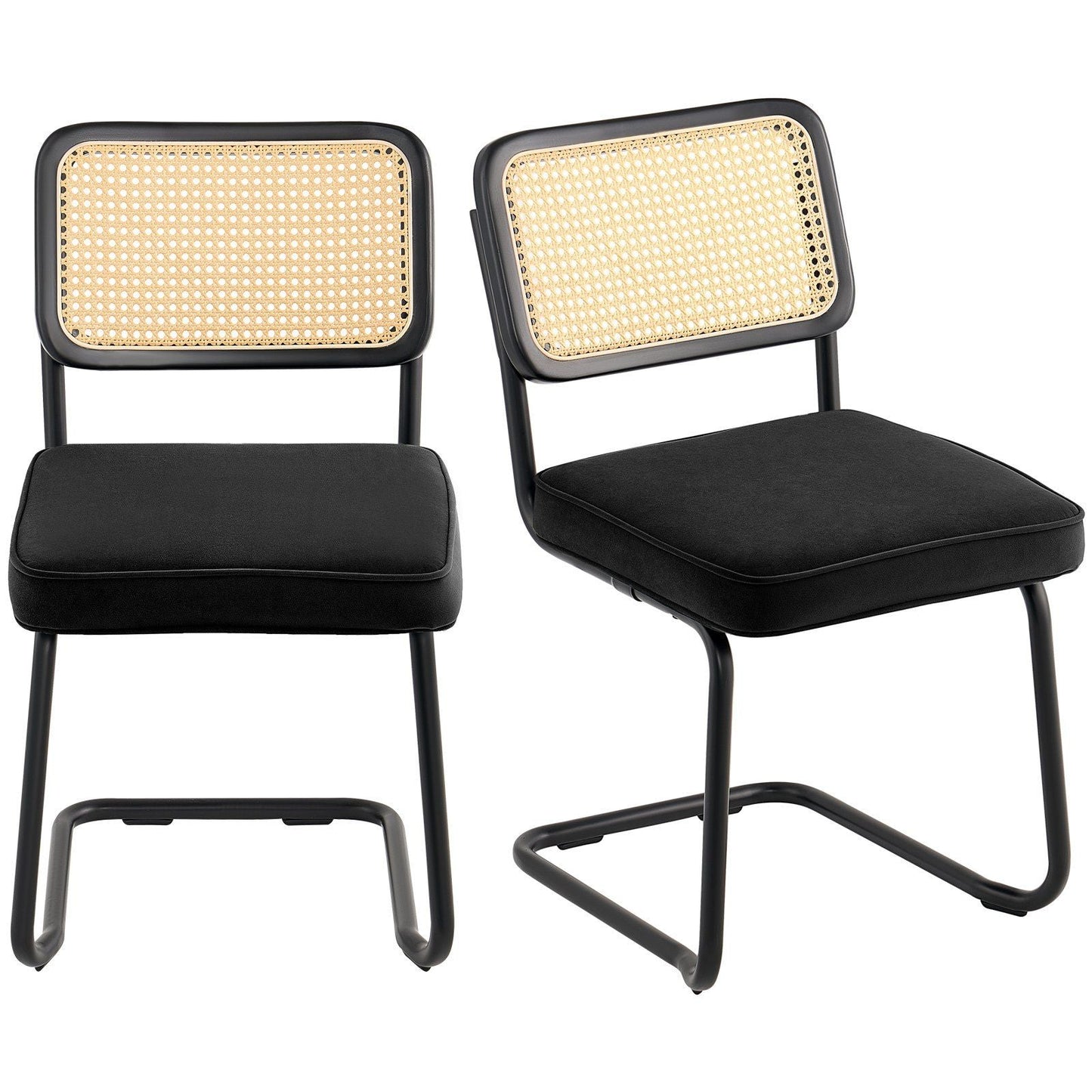Rattan Dining Chairs Set of 2, Mid Century Modern Dining Chair, Upholstered Velvet Accent Chair with Rattan Back, Retro Dining Room Kitchen Chair for Living Room, Bedroom, Office (18.1 Inch)