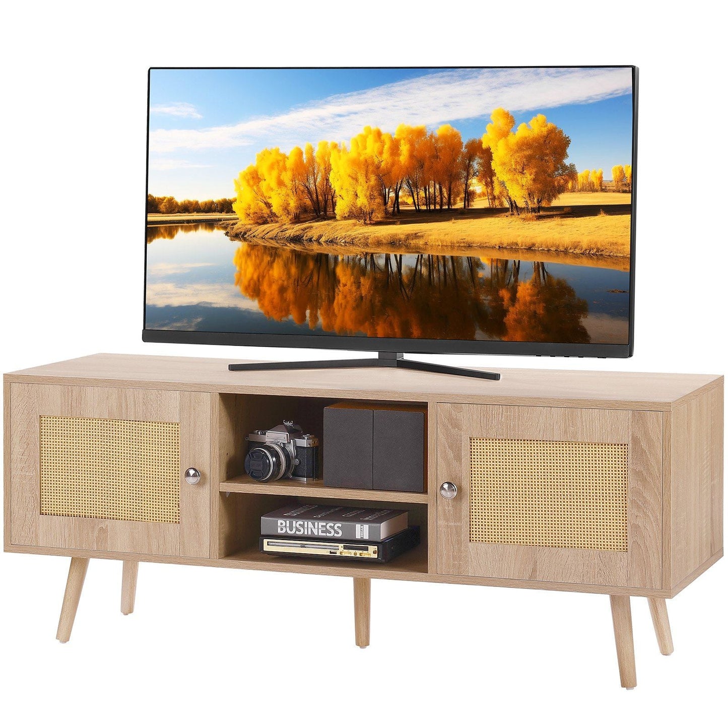 Rattan TV Stand, Boho TV Cabinet for 55 inch TV, Mid Century Modern TV Stand, Rattan TV Console with Adjustable Shelfs for Living Room, Media Room, Oak