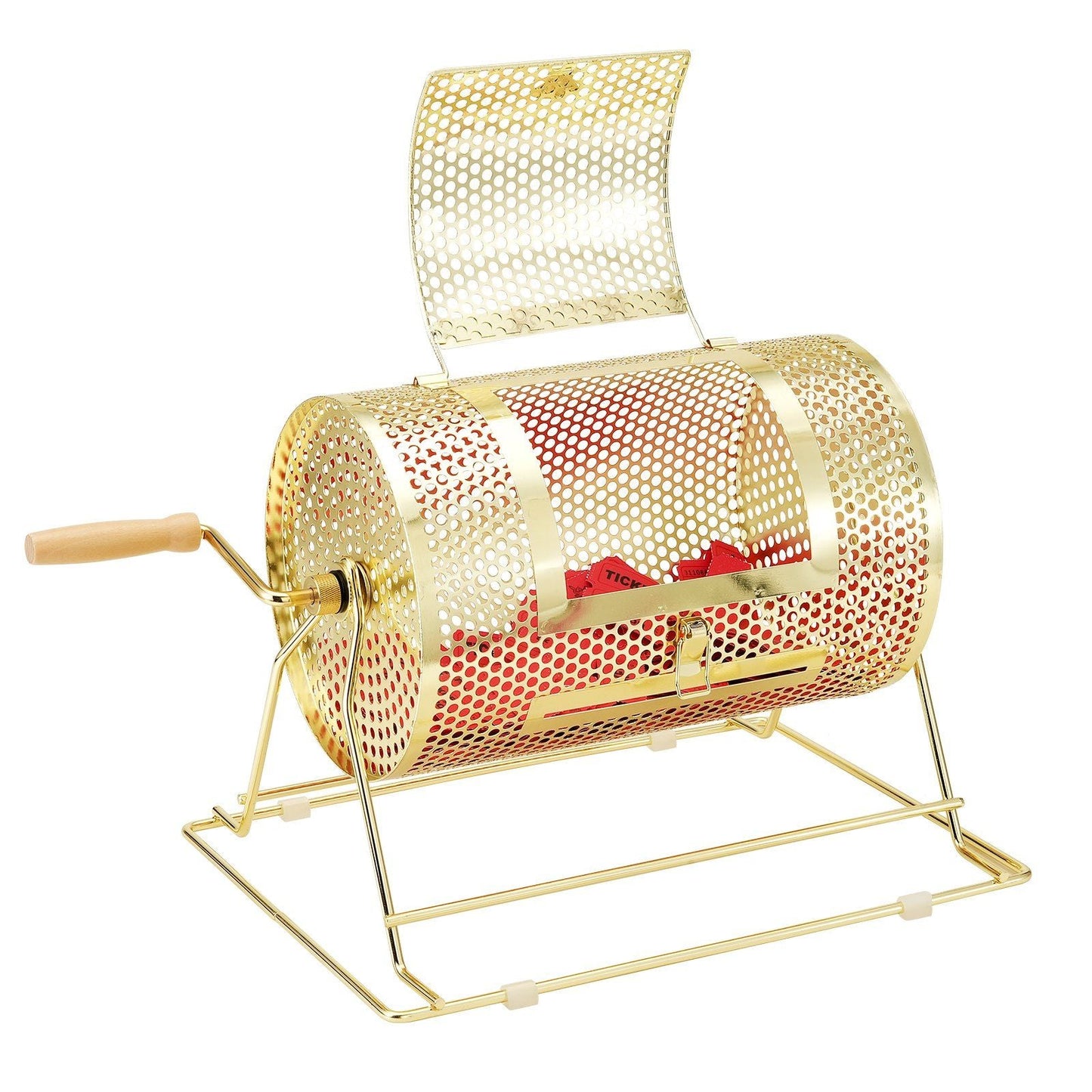 Raffle Drum,Holds 2500 Tickets or 100 Ping Pong Balls, Metal Lottery Spinning Drawing with Wooden Turning Handle,11.6 x Ø7.48 inch Brass Plated Raffle Ticket Spinning Cage, for Bingo Ballot Pa