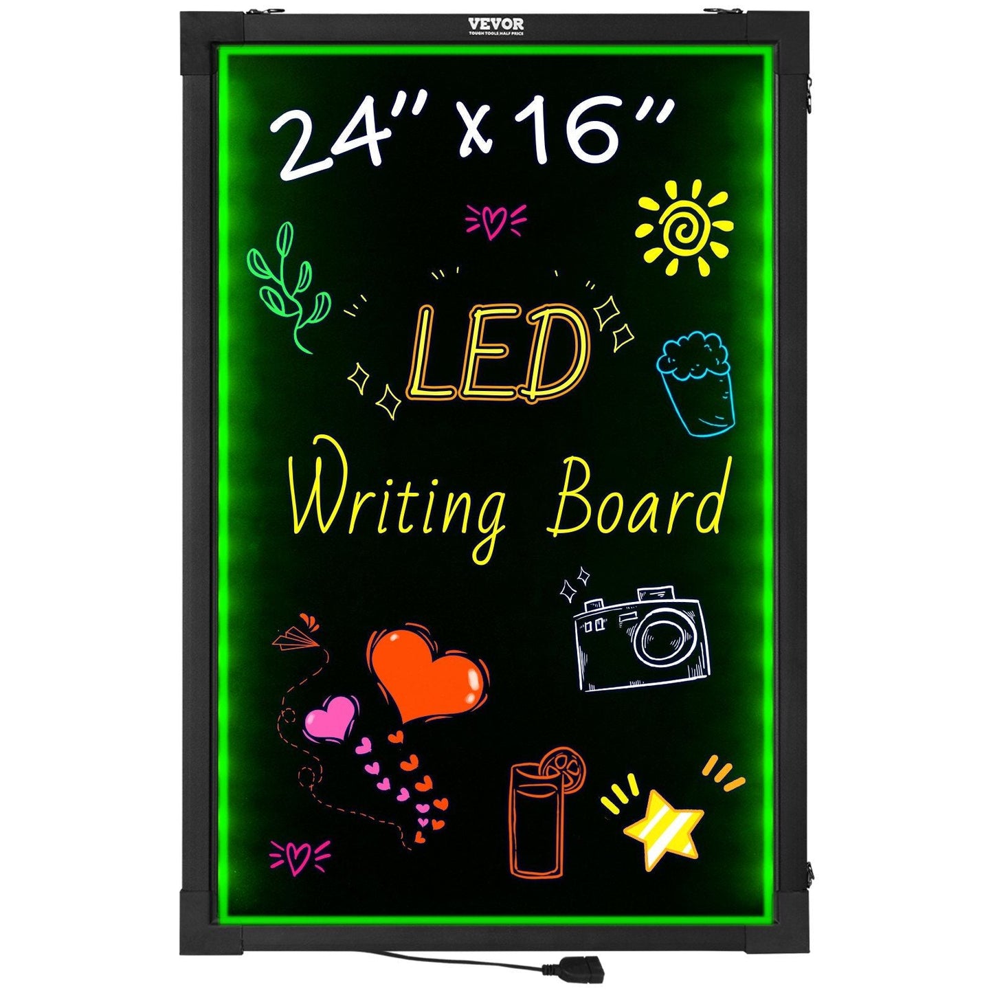 LED Message Writing Board, 24"x16" Illuminated Erasable Lighted Chalkboard, Neon Effect Menu Sign Board, Drawing Board with 8 Fluorescent Chalk Markers and Remote Tested to UL Standards