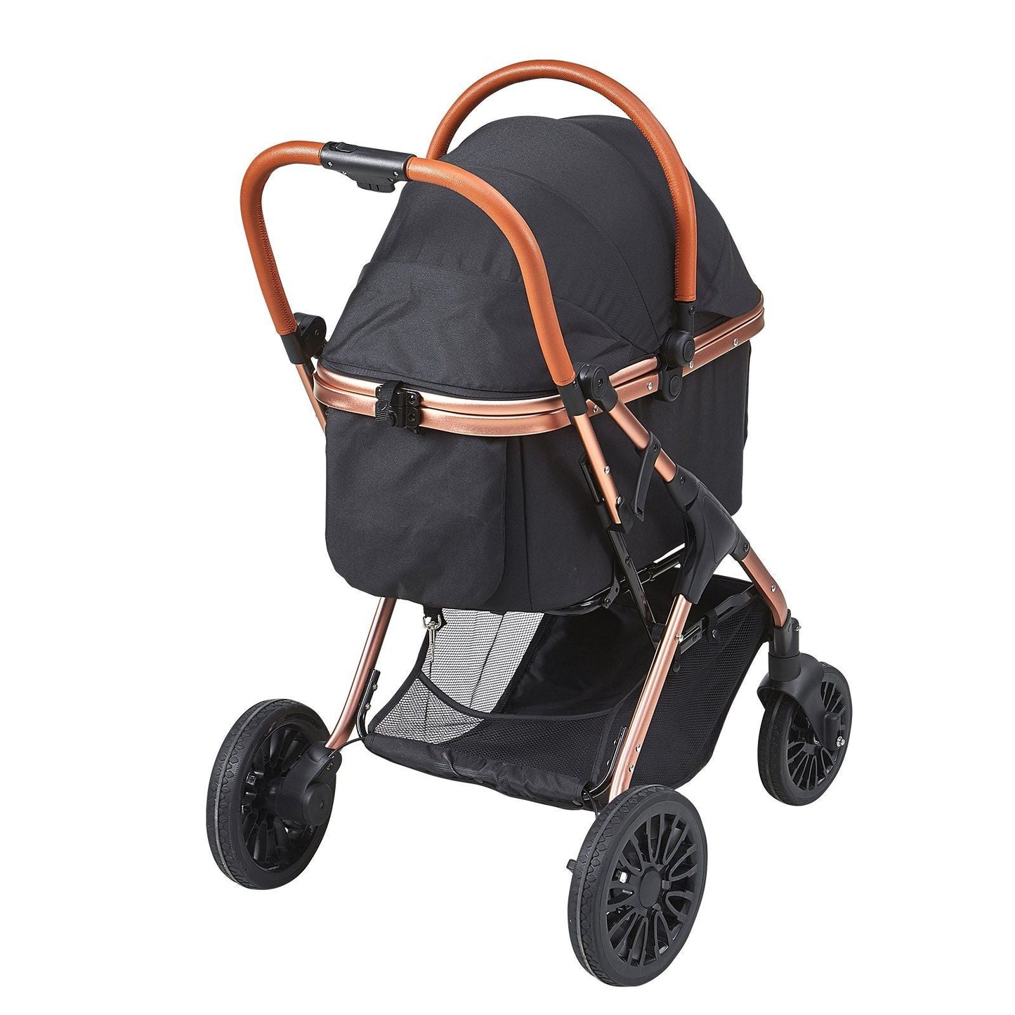 Pet Stroller, 4 Wheels Dog Stroller Rotate with Brakes, 66 lbs Weight Capacity, Puppy Stroller with Detachable Carrier, Storage Basket and Pet Pad, for Small to Medium Sized Dogs, Black