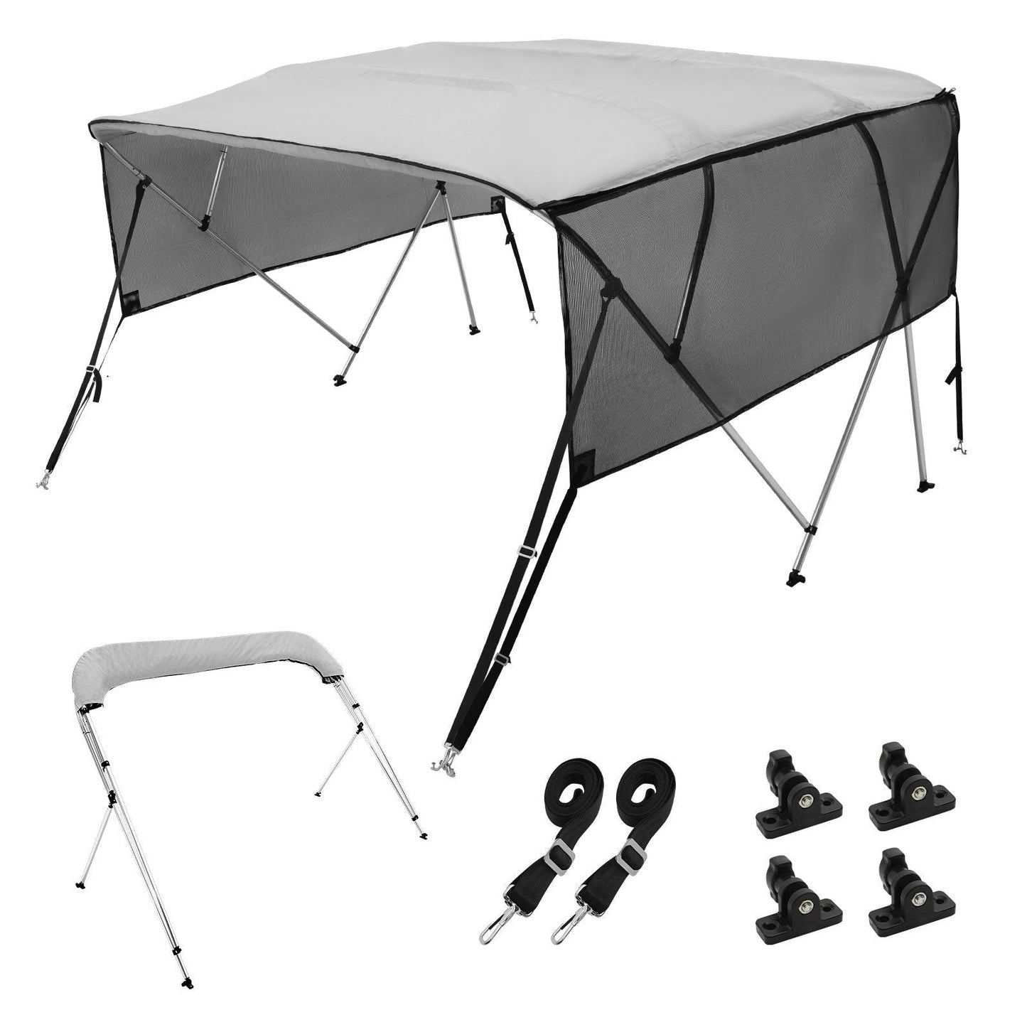 4 Bow Bimini Top Boat Cover, Detachable Mesh Sidewalls, 600D Polyester Canopy with 1" Aluminum Alloy Frame, Includes Storage Boot, 2 Straps, 2 Support Poles, 8'L x 54"H x 85"-90"W, Light Grey
