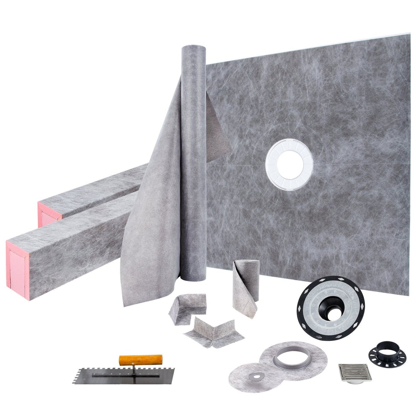Shower Curb Kit, 48"x48" Watertight Shower Curb Overlay with 4" ABS Central Bonding Flange, 4" Stainless Steel Grate, 2 Cuttable Shower Curb and Trowel, Shower Pan Slope Sticks Fit for Bathroom
