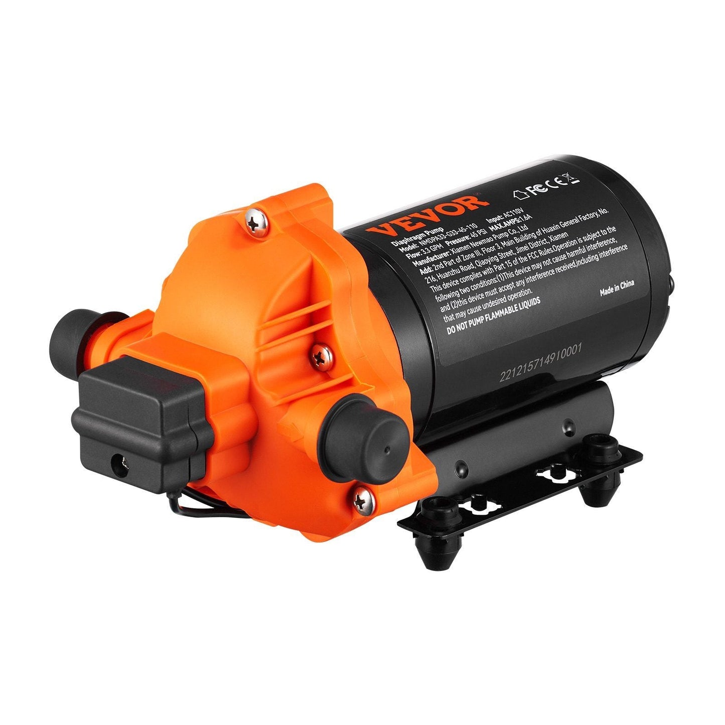 Water Diaphragm Pump, 110V AC, 3.3 GPM Flow, 45 PSI Rated Pressure (40-80 PSI Adjustable), 1/2" MNPT Self Priming Sprayer Pump with Pressure Switch for RV Camper Marine Boat Lawn, FCC Certified
