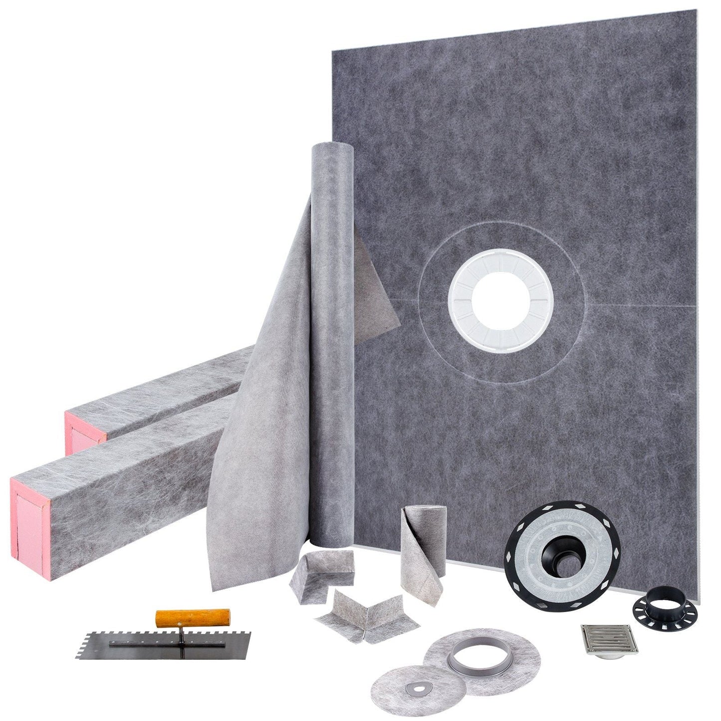Shower Curb Kit, 38"x60" Watertight Shower Curb Overlay with 4" PVC Central Bonding Flange, 4" Stainless Steel Grate, 2 Cuttable Shower Curb and Trowel, Shower Pan Slope Sticks Fit for Bathroom