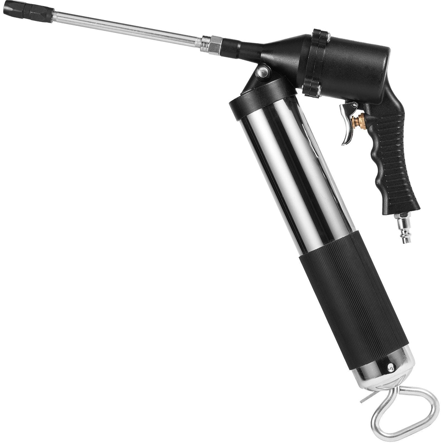 Air Operated Grease Gun, 6000PSI, 14 OZ/400 CC Capacity Heavy Duty Pneumatic Grease Gun, with 18.5 Inch Flexible Hose, 1 Black Flat Coupler Pointed Coupler Bent Metal Pipe Locking Clamp Coupler