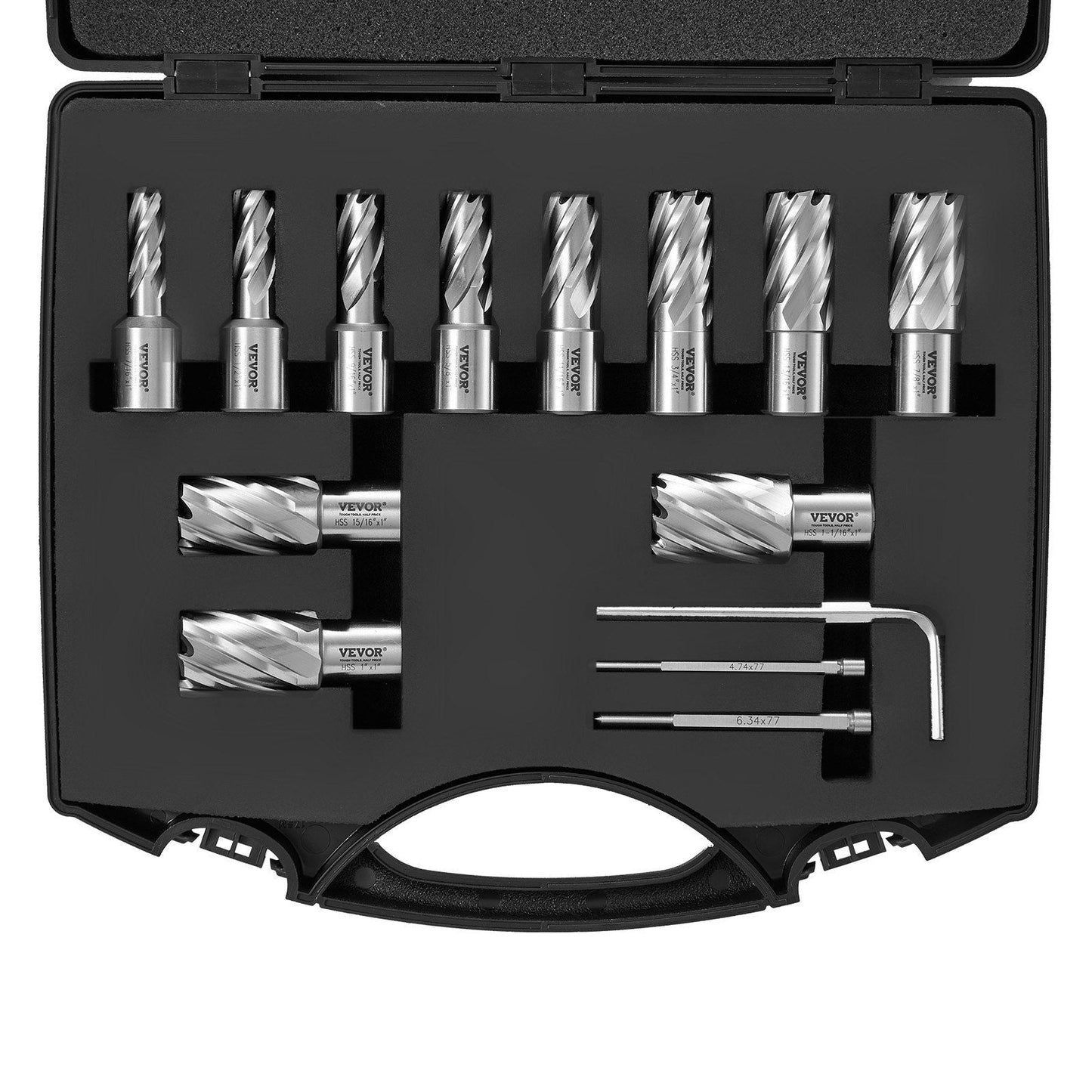 Annular Cutter Set, 13 pcs Weldon Shank Mag Drill Bits, 7/16" to 1-1/16" Cutting Diameter, 1" Cutting Depth, M2AL HSS, 2 Pilot Pins, Hex Wrench and Portable Case, for Using with Magnetic Drills